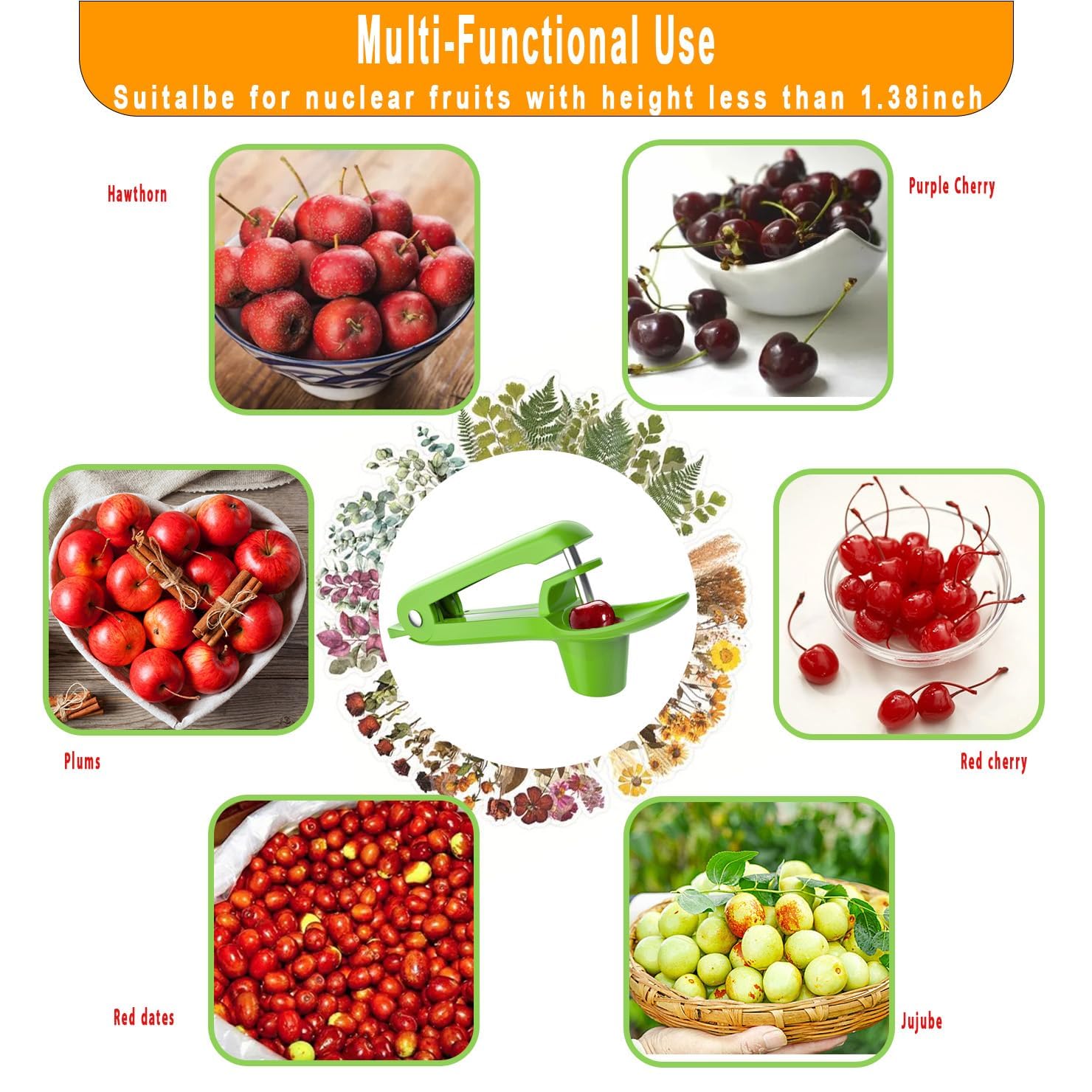 Deshuesador de Cerezas,Inoxidable Deshuesador de Frutas Fijador de Cerezas para Cereza Aceitunas Bayas Rápido y Fácil Saca Huesos Cereza (Verde)