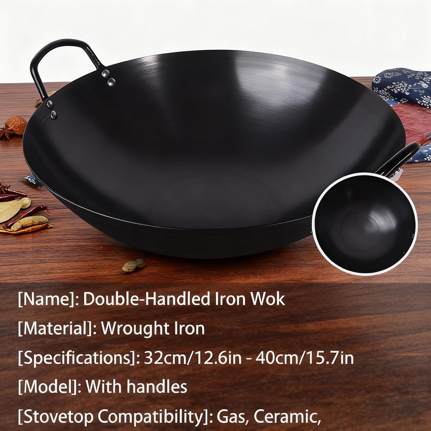 14-Inch Cast Iron Wok with Lid, Pre-Seasoned Chinese Style Double Handled Wok, Large Capacity Heavy Duty Cooking Pot for Stir-Fry, BBQ, Camping, Outdoor Cooking, All Stovetops