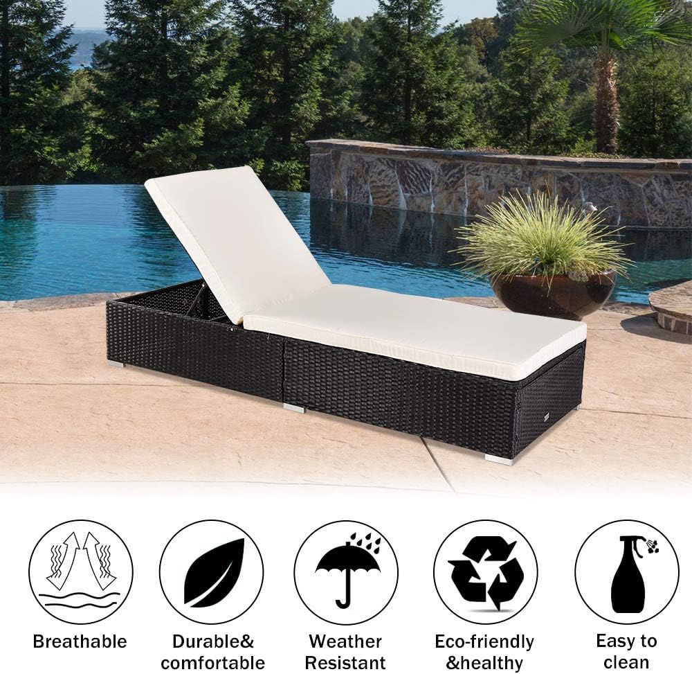 Patio Chaise Lounge Chair - Rattan Reclining Pool Lounge Chair - Adjustable Backrest Patio Lounger and Pool Bed with Removable Cushions - Outdoor Lounge Chair for Patio, Deck or Poolside - Black