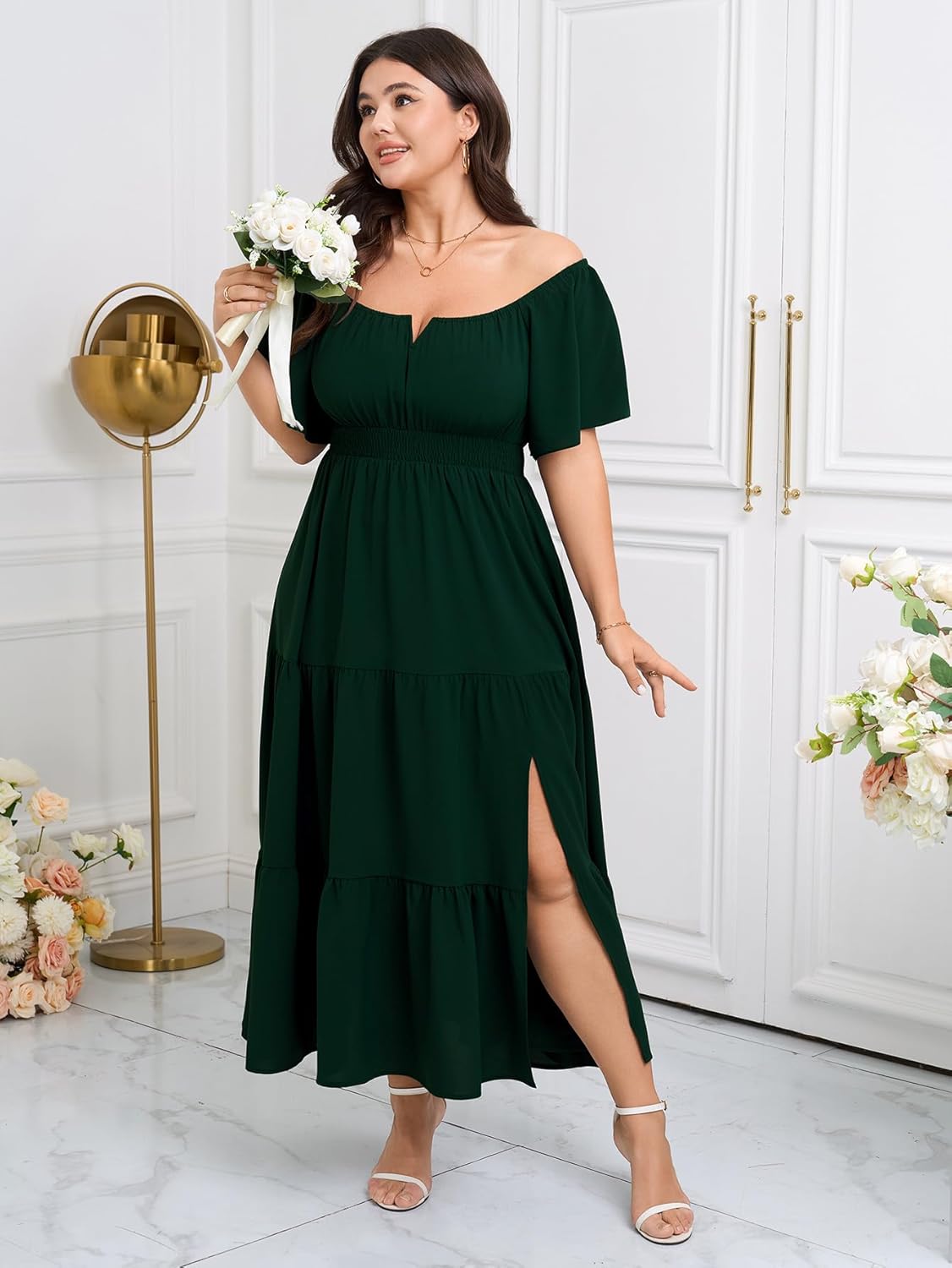 SCOMCHIC Womens Plus Size Maxi Dress Formal Short Sleeve Square Neck Smocked Side Split Flowy A Line Tiered Long Dress - Image 3