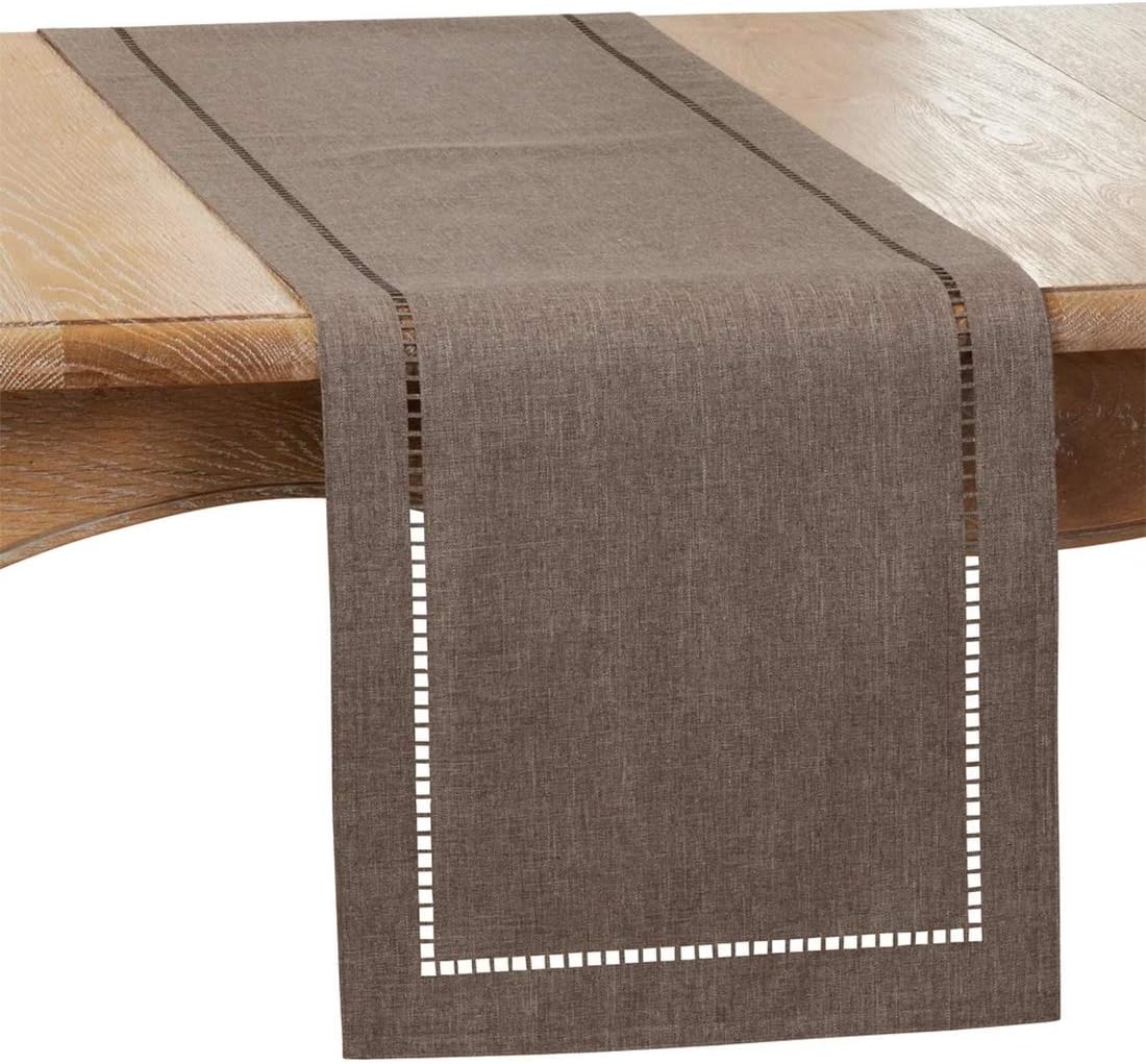 Fennco Styles Solid Color Laser-Cut Hemstitch Design Table Runner 14" W x 72" L - Natural Table Cover for Home Décor, Everyday Use, Wedding, Banquet, Holiday and Special Occasion
