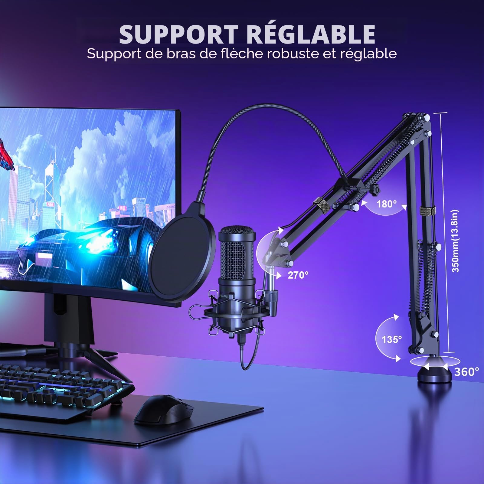 Aokeo AK-60 Professional Studio Diffusion en Direct Enregistrement Microphone à condensateur avec Support de Bras de Microphone, Montage Antichoc, Filtre Anti-Pop, Carte Son USB