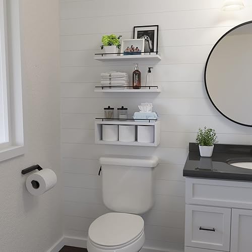 Miniatura 4 de WOPITUES Estantes flotantes para pared con estante de cubo, estantes de pared con riel de metal para decoración, organizadores de baño y