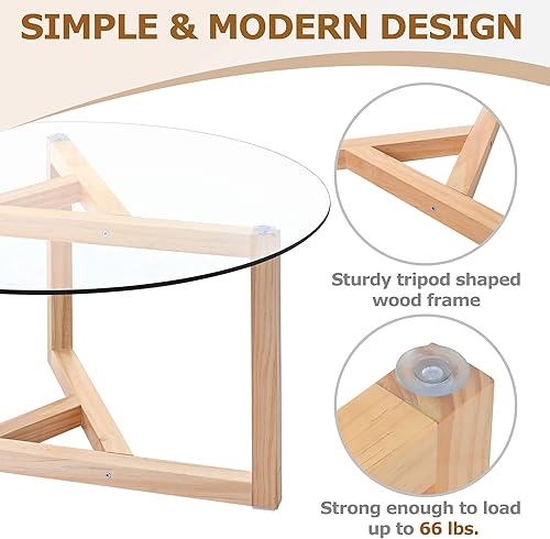 Miniatura 5 de Merax Mesa de centro redonda de vidrio de 35 pulgadas con base de madera resistente, mesa de cóctel de ocio con parte superior de vidrio templado