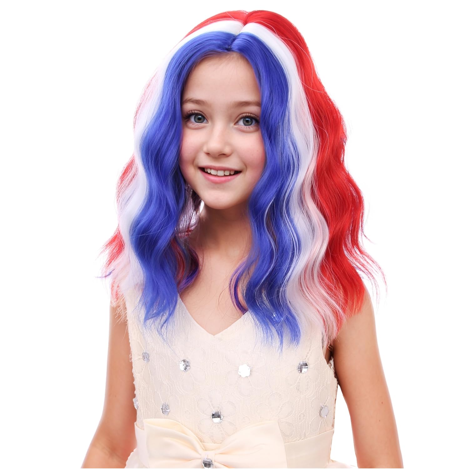 PATTNIUM Blue Red White Wig 4th of July Wig for Kids Short Curly Wavy Fourth of July Party Wigs Girls Heat Resistant Synthetic Wigs