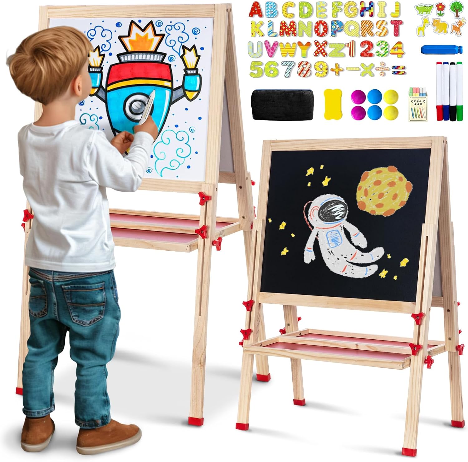 Adjustable Art Easel for Kids, Quick-Fold Kids Easel for Toddlers 3,4,5,6,7,8,9,10 Years, Double Sided Easel with Drawing Accessories, Gift & Drawing Supplies for Boys&Girls
