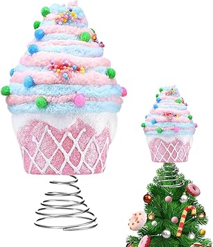Candy Tree Topper,Pink Christmas Tree Topper,Pink Cupcake Tree Topper,Holiday Tree Top Dessert Ornament,Cupcake Festival Decorations Ornament, Christmas Tree Candy Ornaments For Tree Topper