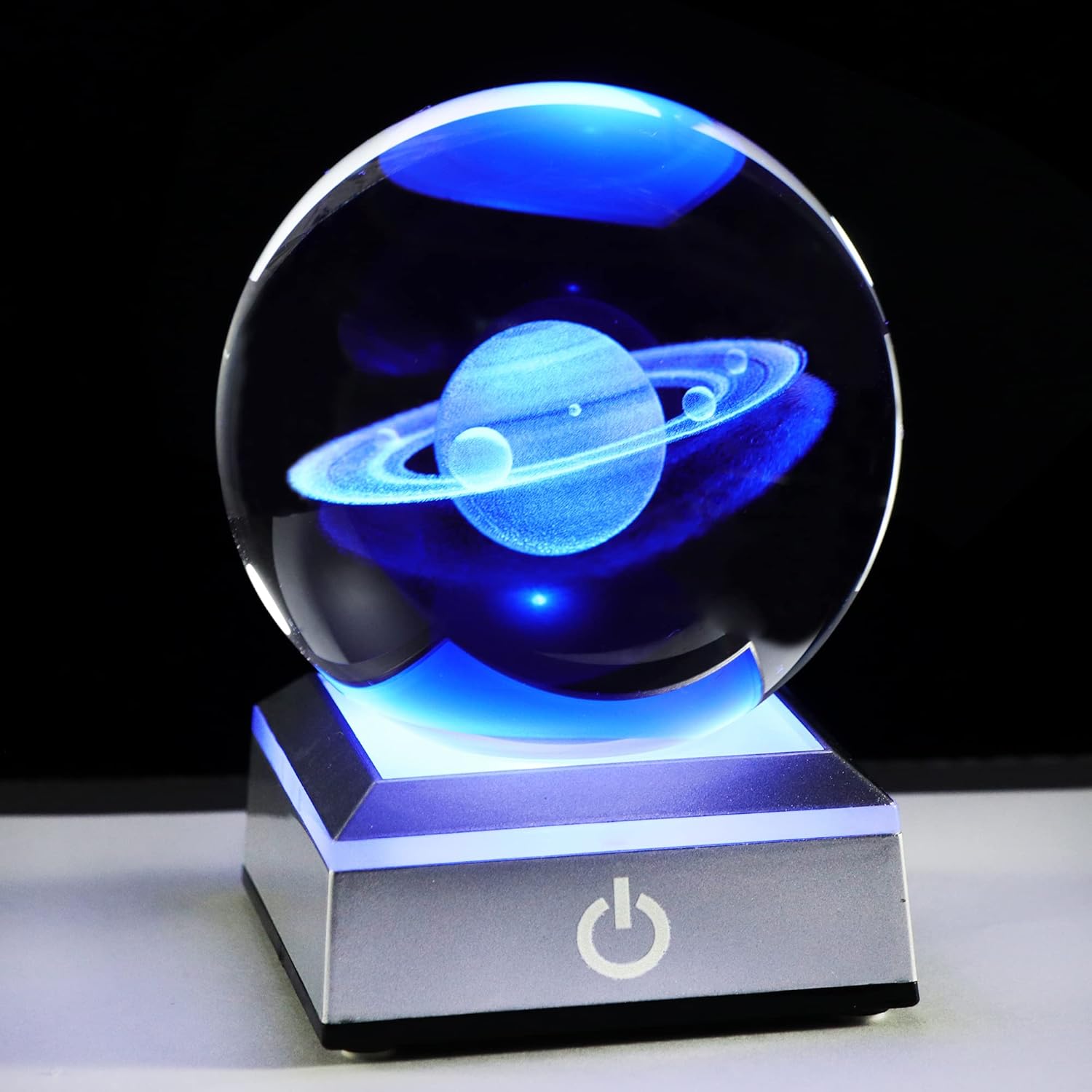 Ornalrist 80mm 3D Engraved Saturn K9 Crystal Ball with Silver LED Base Solar System Glass Sphere Miniatured Saturn Planet Birthday Gifts for Astronomy Home Decorations (3.15 in. Saturn)