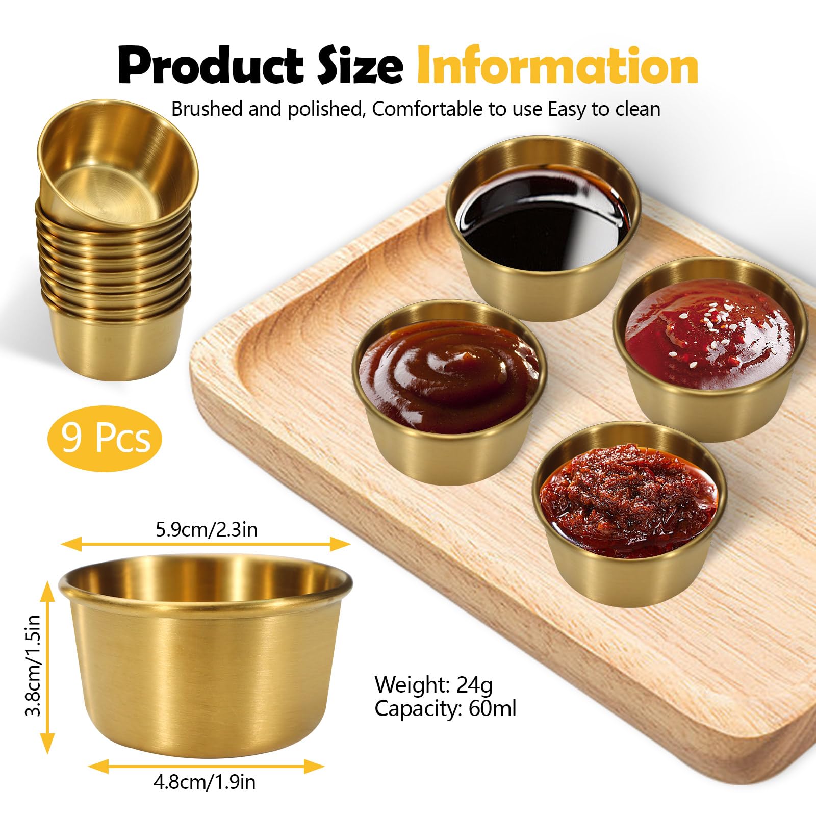 Huakaile 9 Pcs 2 oz Stainless Steel Dipping Sauce Cup, Mini Dip Bowls - Image 2