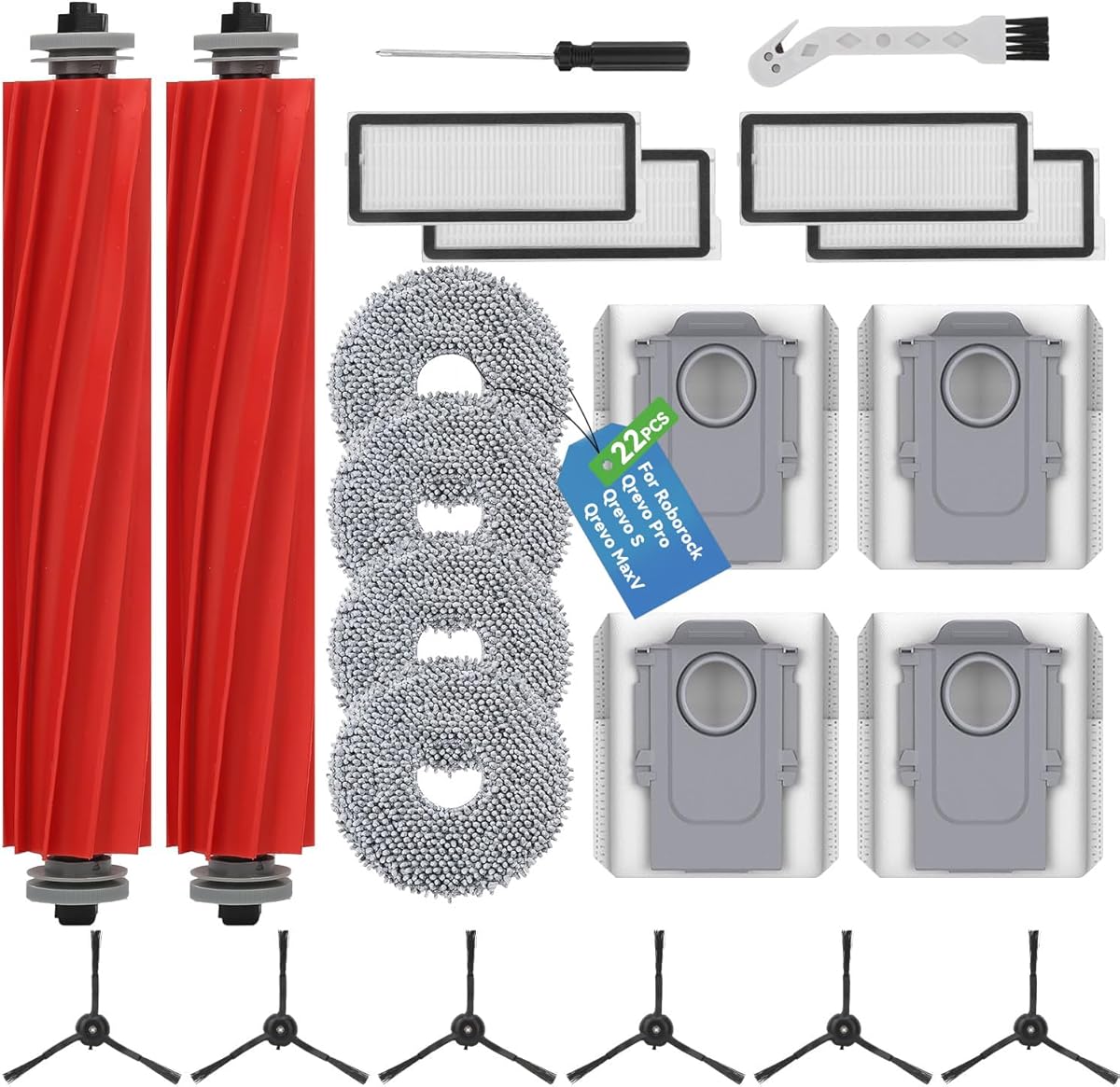 22 Stück Zubehör für Roborock Qrevo S/Qrevo Pro/Qrevo MaxV Saugroboter,【Not für Qrevo】2 Hauptbürsten, 4 Staubbeutel, 4 Wischtücher, 4 Filter, 6 Seitenbürsten, Bürste，Schraubendreher-Ersatzteile