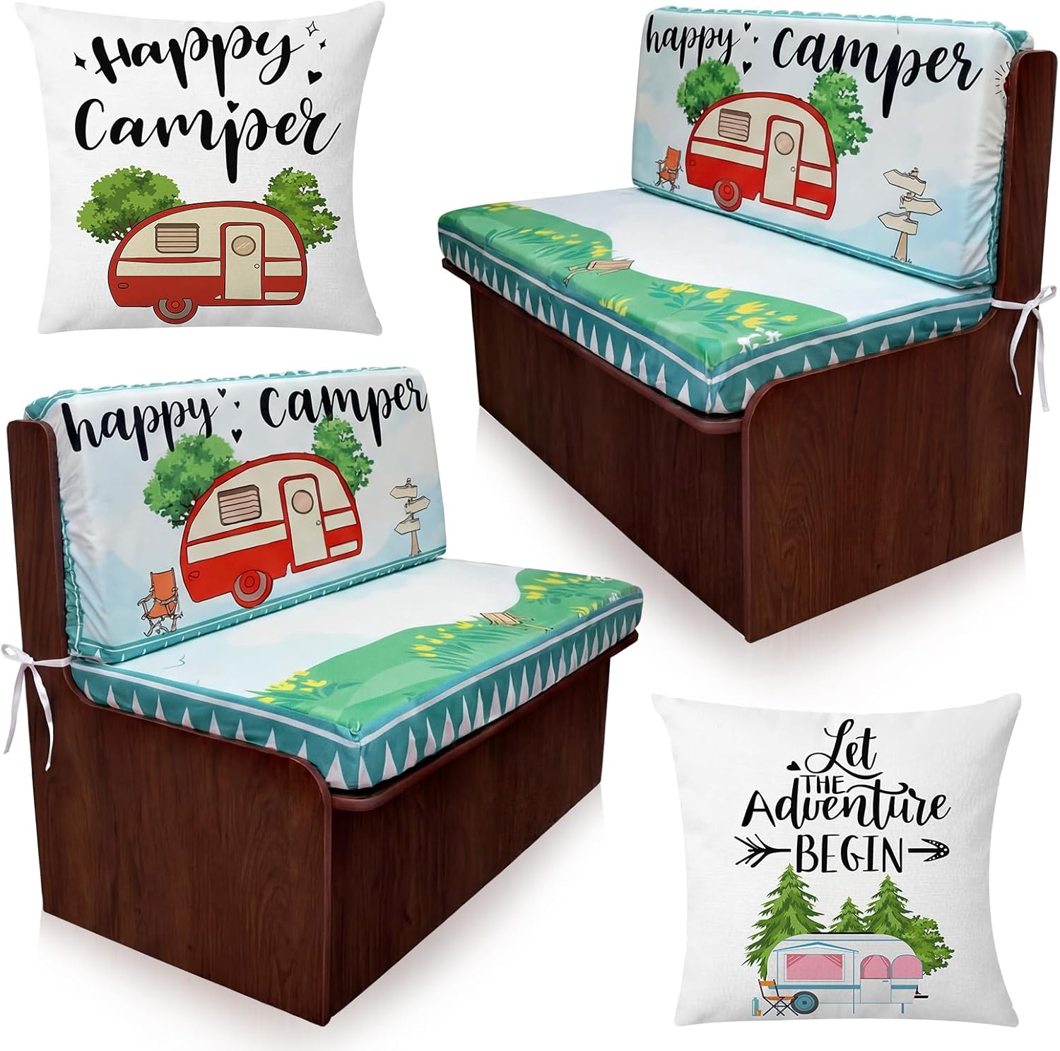 6 Pcs Rv Dinette Cushion Covers Stretch Washable Rv Dinette Cushion Covers Camper Accessories for Camper Car Bench, 2 Pillowcase, 2 Backrest and 2 Bench Replacement(Cute)