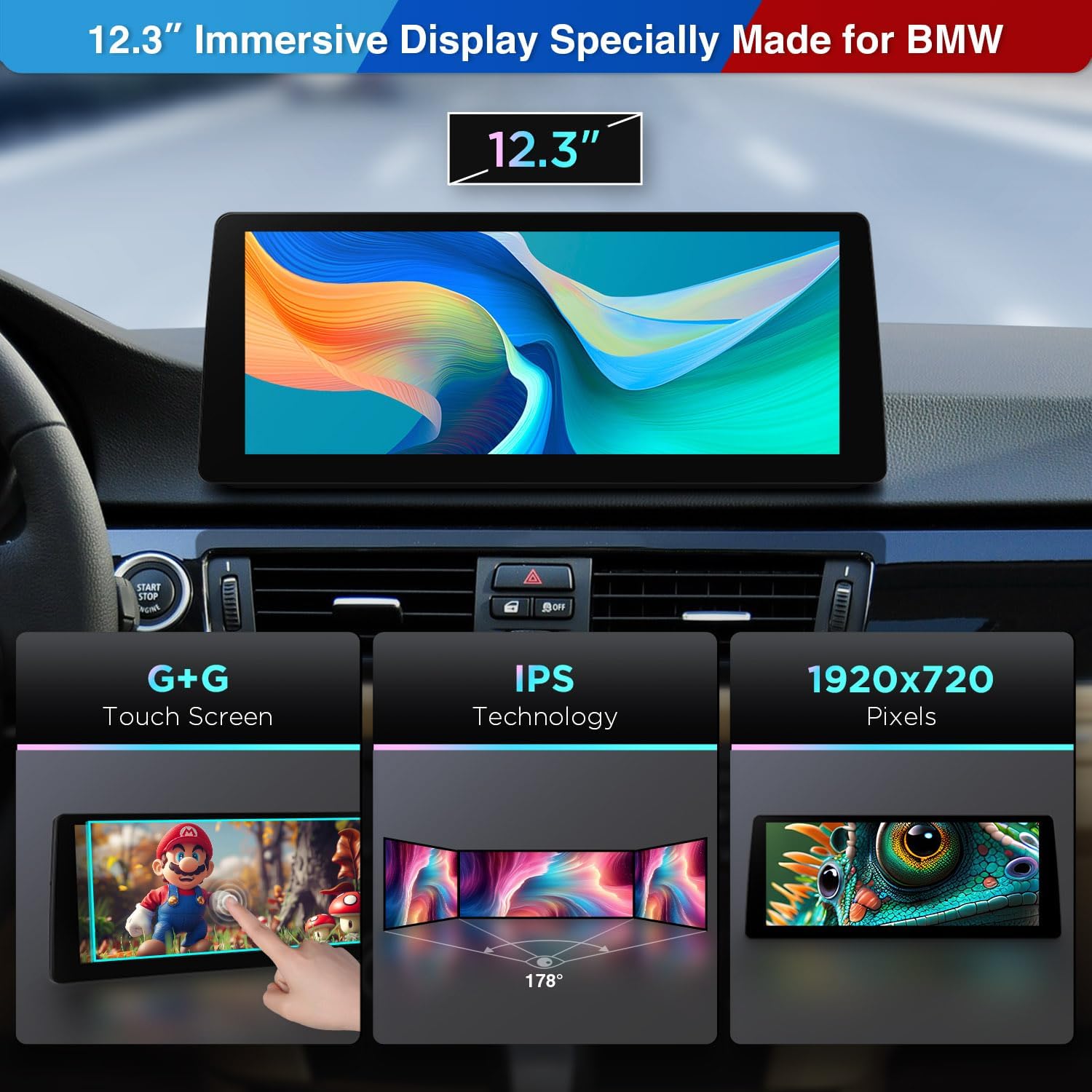 12.3 inch IPS Touch Screen with G+G Touch, IPS Technology, and 1920x720 Pixels