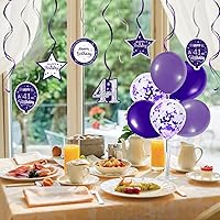 Vista 332 de Juego de decoraciones para fiesta de cumpleaños número 16, serpentinas moradas con soporte de globo de mesa morado, decoraciones de fiesta