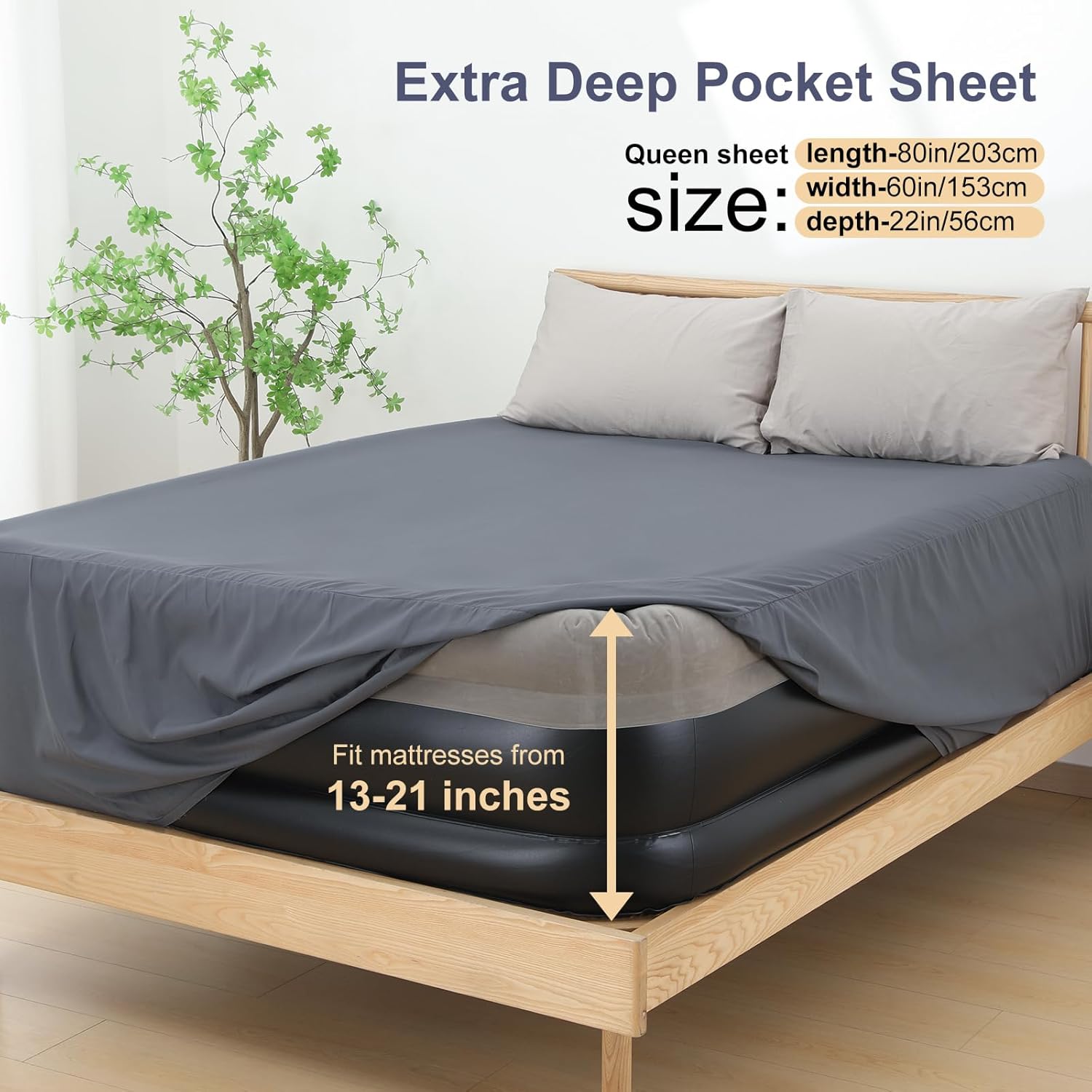 Queen Sheet for Air Mattress and 18“ Deluxe Queen Air Mattress with Built in Pump, Gray