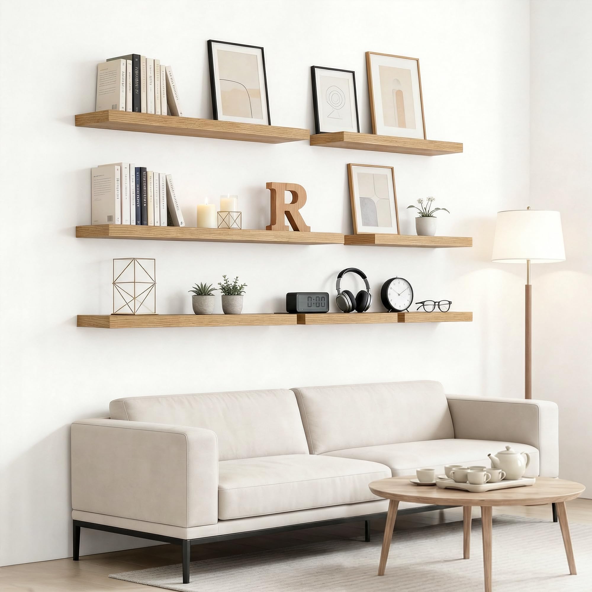 RICHER HOUSE Estantes flotantes de roble para pared, 80 x 23,5 x 3,8 cm, estantes de madera, decoración de pared con soportes invisibles para dormitorio, salón, baño, cocina, lavandería, oficina