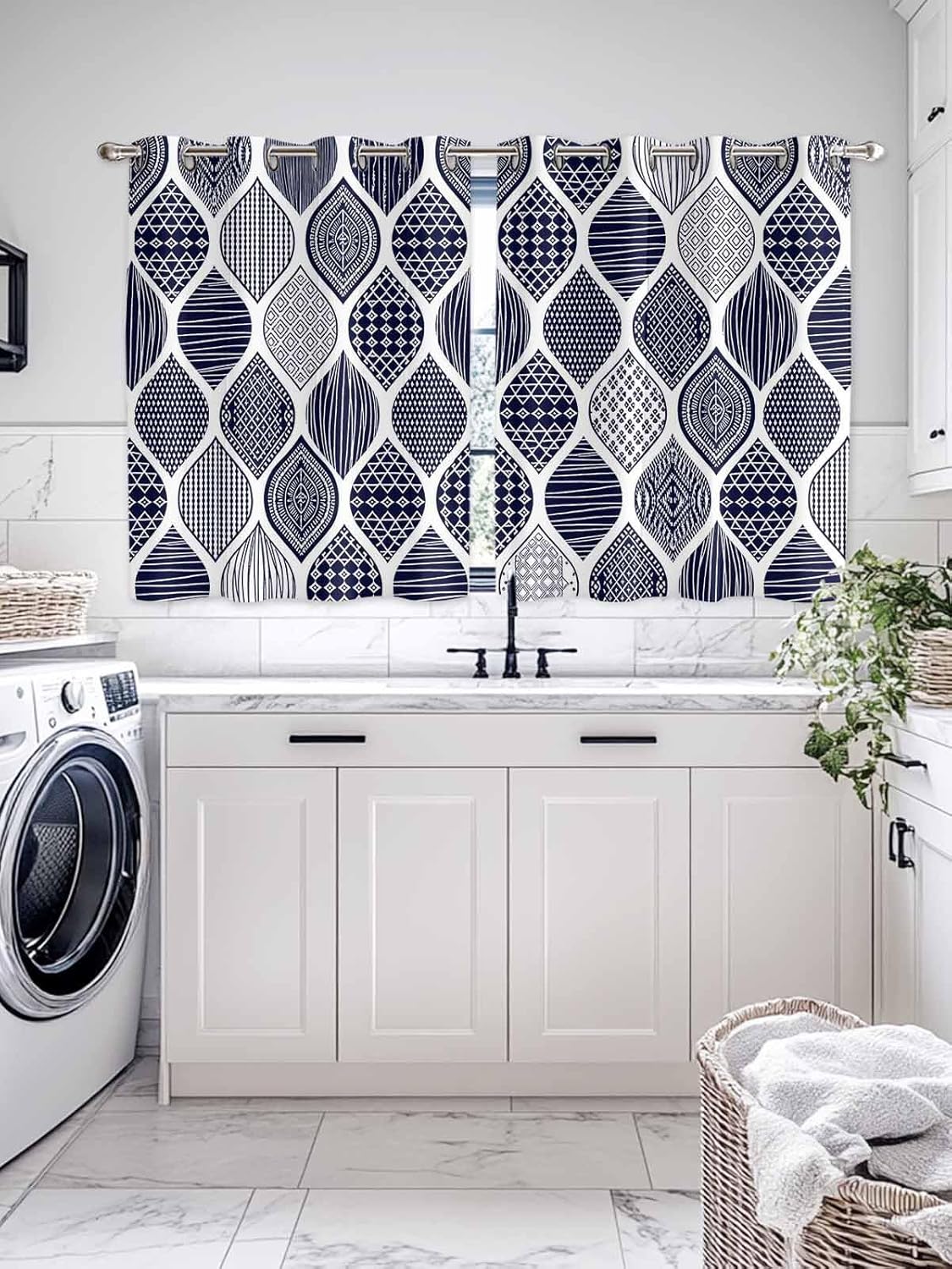 Grommet Top Window Curtains, Geometric Blue Texture Durable Light Blocking Windows Drapes for Kitchen/Bedroom/Living Room, Window Treatments Curtain Set of 2 Panels 52x54 in