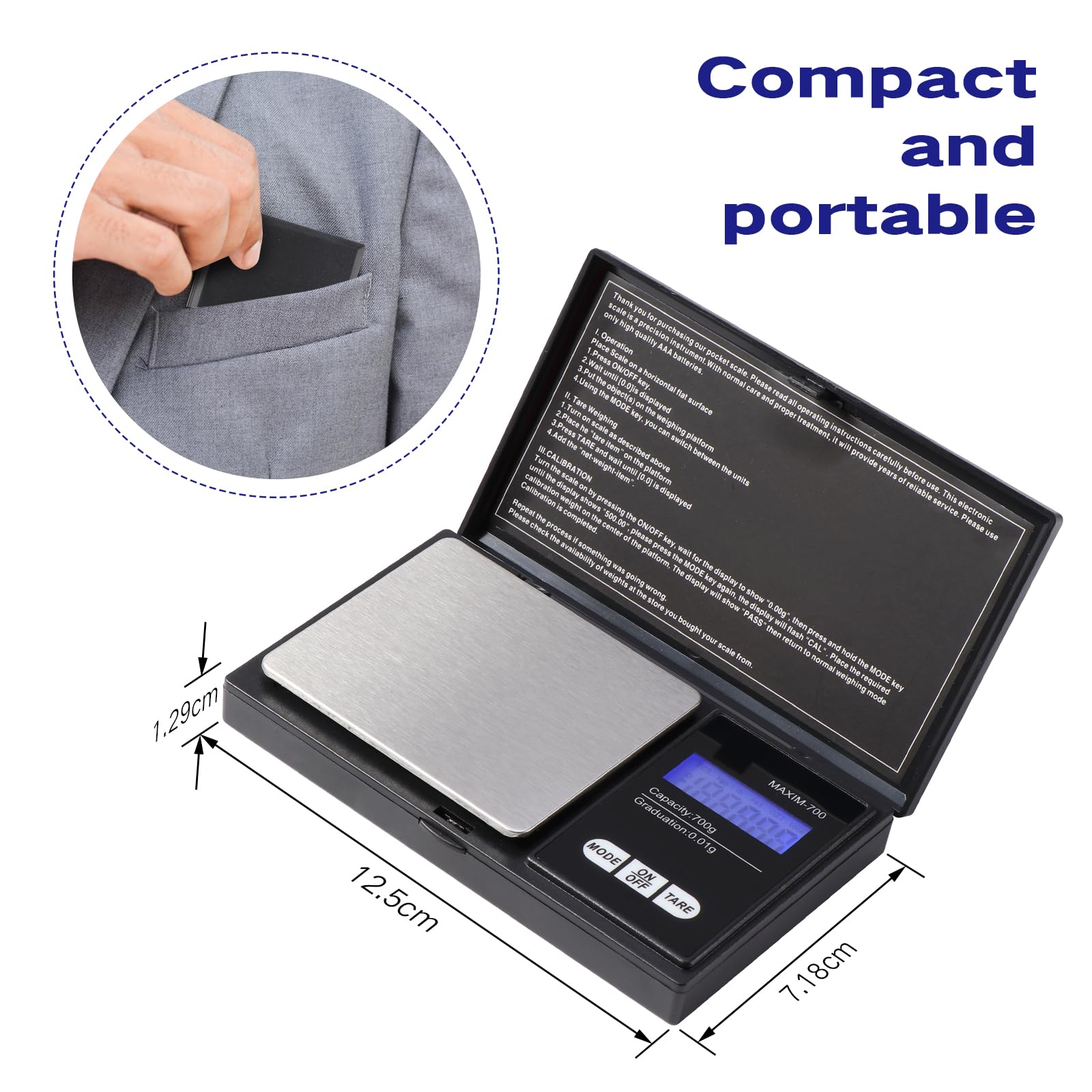 Vinabo Bilancia Precisione 700g/0.01g, Portatile Bilancino per Gioielli, Bilancia di Precisione 0.01g,Digital Pro Pocket, con Display LCD e 7 Unità, Funzione Tara, per Cucina Cucinare, Caffè, Farmaci