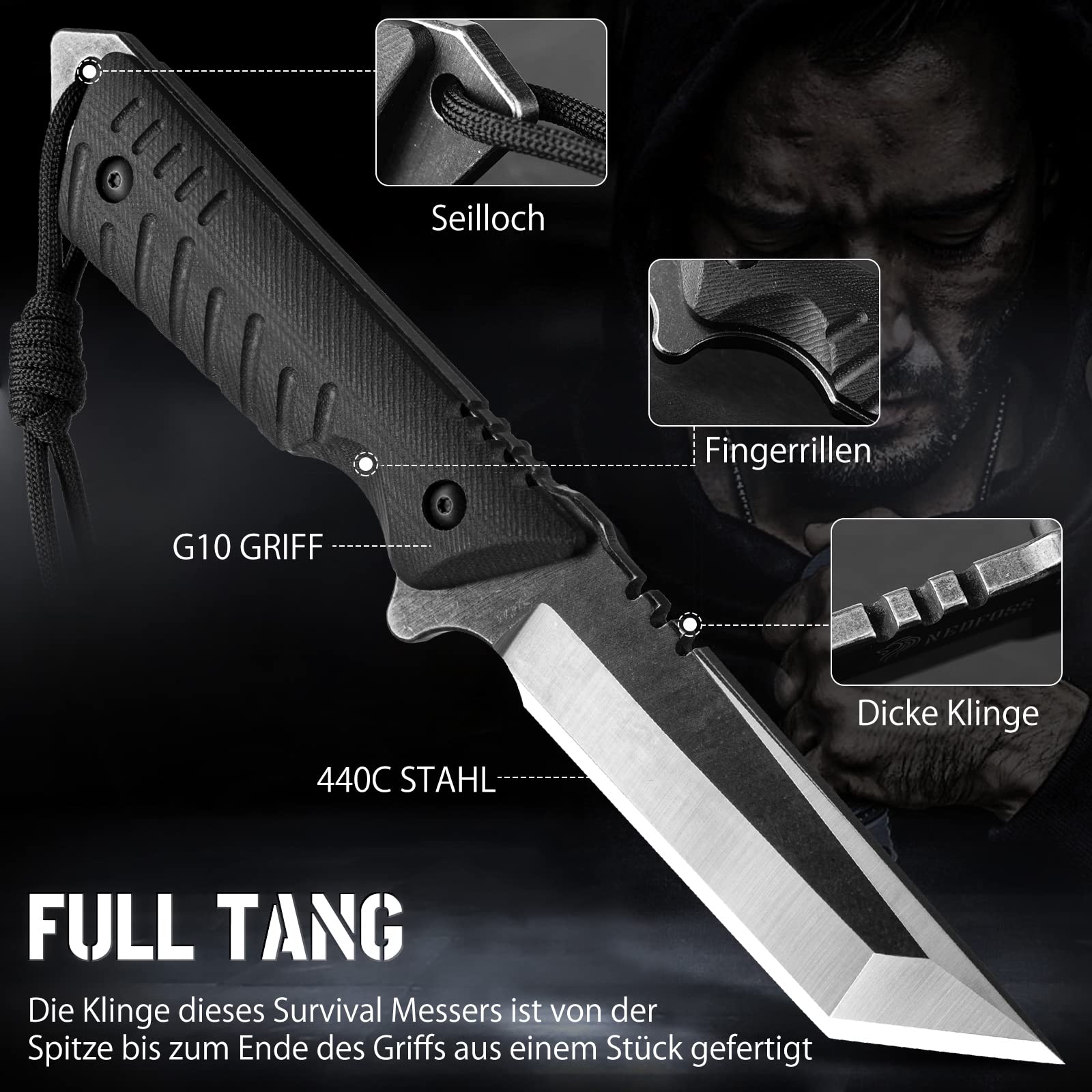 NedFoss DRAGON cuchillo supervivencia, cuchillo bushcraft,cuchillo de caza,cuchillo camping,Hoja fija afilada para exteriores, full tang, acampada supervivencia
