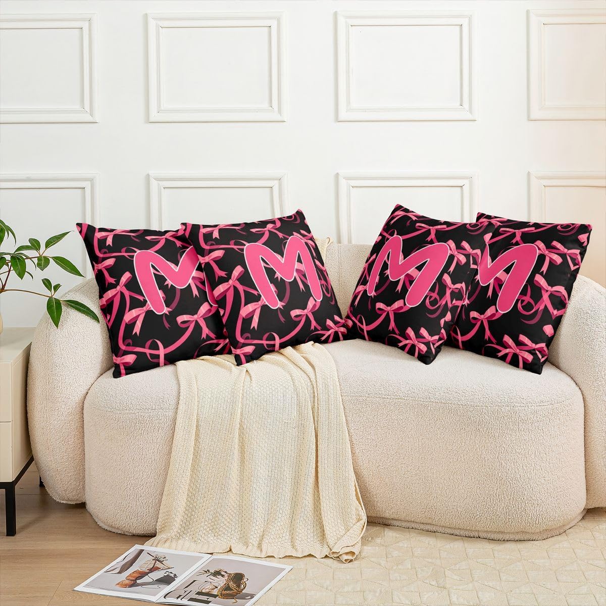 Manfei Initial Letter M Double Sides Print Pillow Cover,Cute Pink Bow Throw Pillow Case Cover for Couch Chair,Coquette Ribbon Bow Knot Black 20"x 20" Cushion Cover Room Decor,Pack of 4 image 5