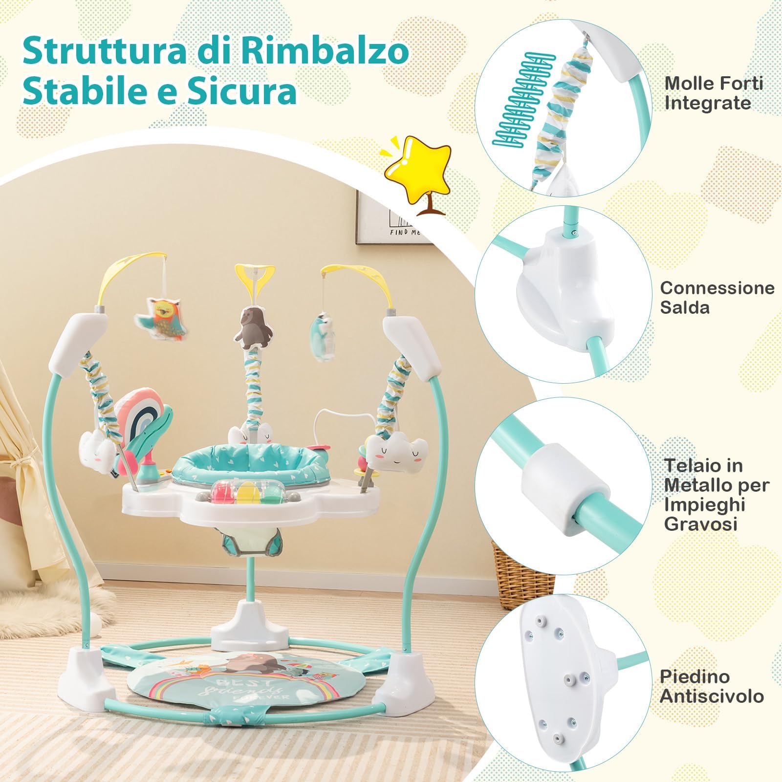 GYMAX Girello Centro attività, Piattino Rimbalzante per Neonati, 3 Altezze Regolabili, Sedile Girevole a 360°, Giocattoli Interattivi, Sdraietta con Musica e Luci per Bambini 6+ Mesi (Blu)