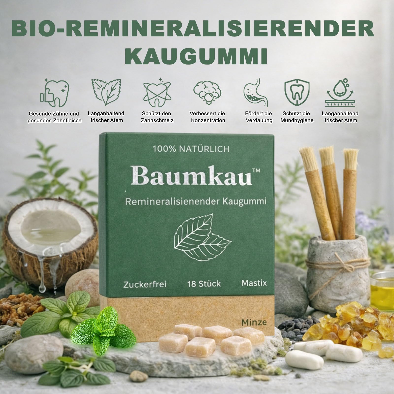 Baumkau Remineralisierender Kaugummi, 18 Stück Baukau Kaugummi, Zuckerfrei Kaugummis, Frischer Atem und Emailschutz, Sanft und Nicht Reizend, für Empfindliche Zähne Geeignet, Minze (1 Box)