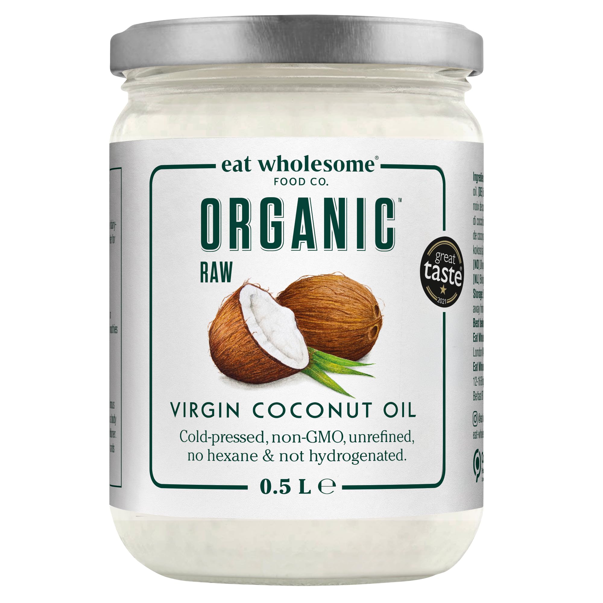 Eat Wholesome Organic Virgin Coconut Oil, 500ml - Raw, Cold Pressed, Award-Winning, Glass Jar in Box, For Cooking, Baking, Skincare & Hair, Vegan