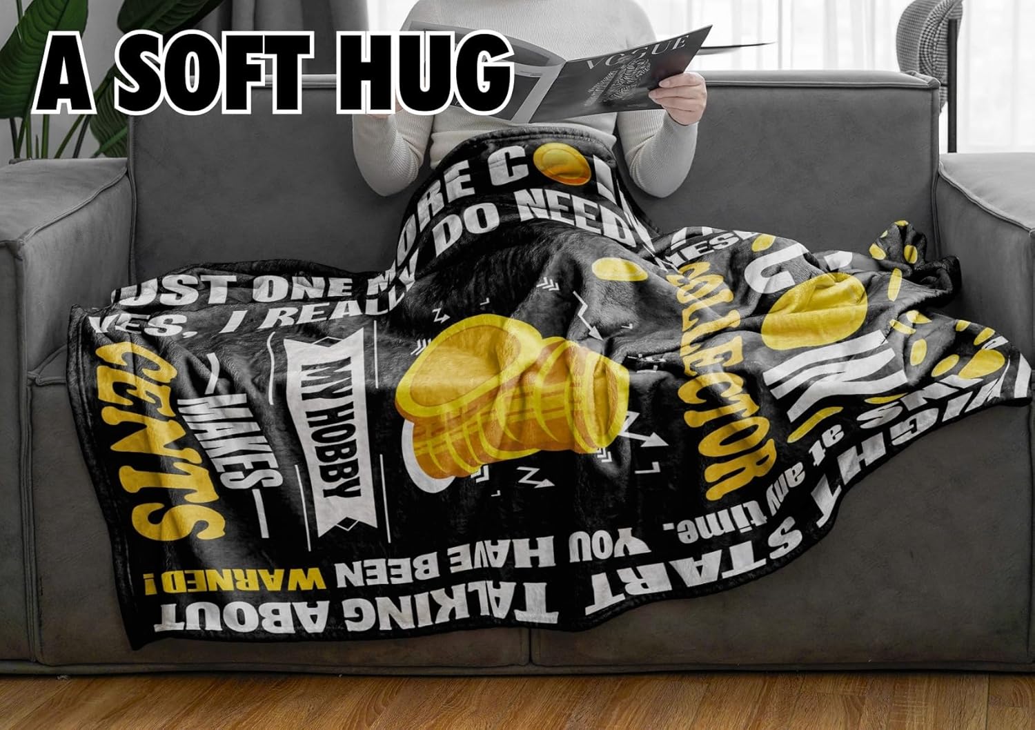 Huglanket Coin Collector Blanket Gifts for Men, Women - Gift for Birthday, Christmas - Hobby, 50" x 65"