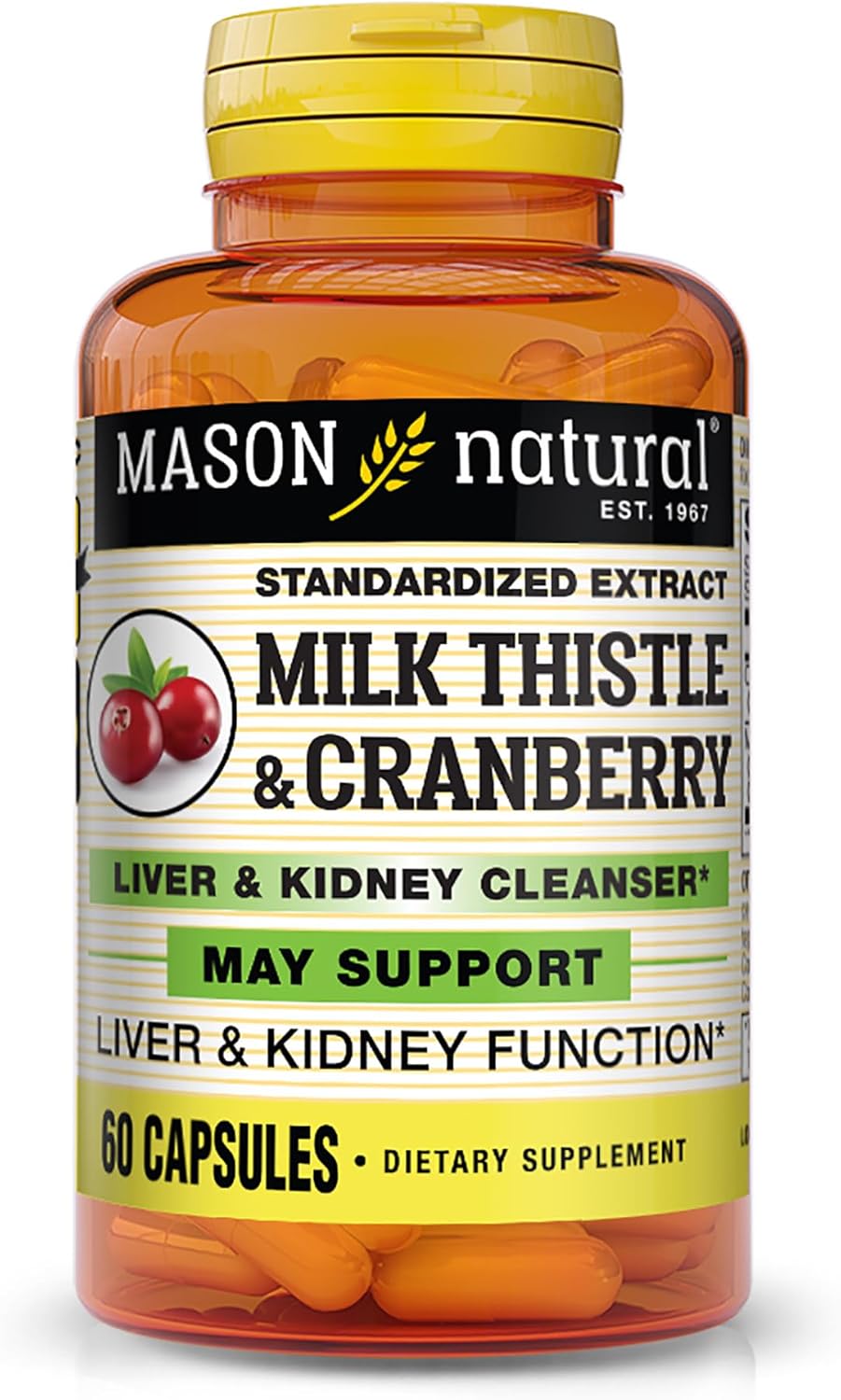 MASON NATURAL Milk Thistle/Cranberry Liver & Kidney Cleanser – Supports Healthy Liver & Kidney Function, Cleanse and Detox, 60 Capsules