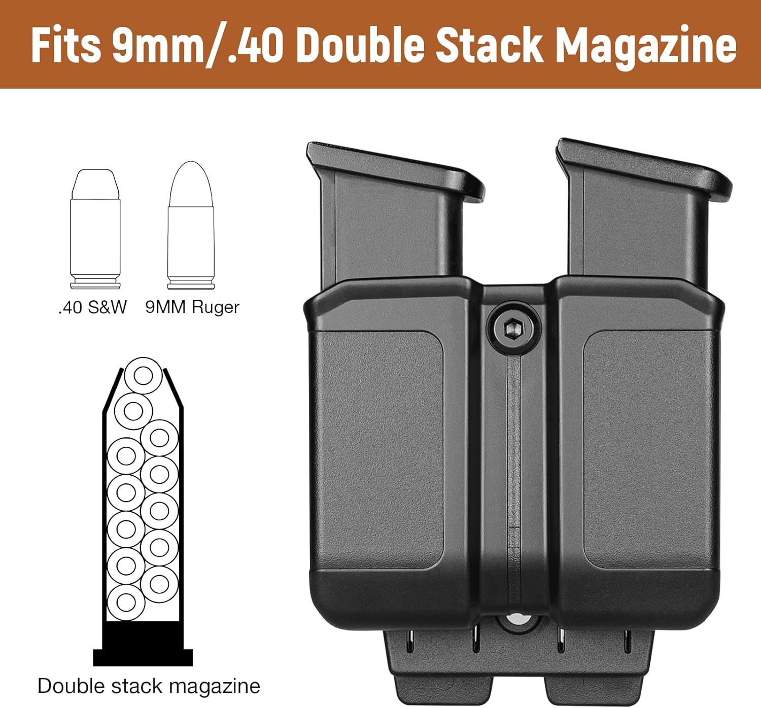Universal Double Magazine Holder with Molle Clip/Silicone Paddle, OWB Magazine Holster Fits 9mm/.40 Double Stack Mags, Mag Pouch Compatible with Glock/Taurus/Beretta/Sig/H&K/CZ/S&W/Colt