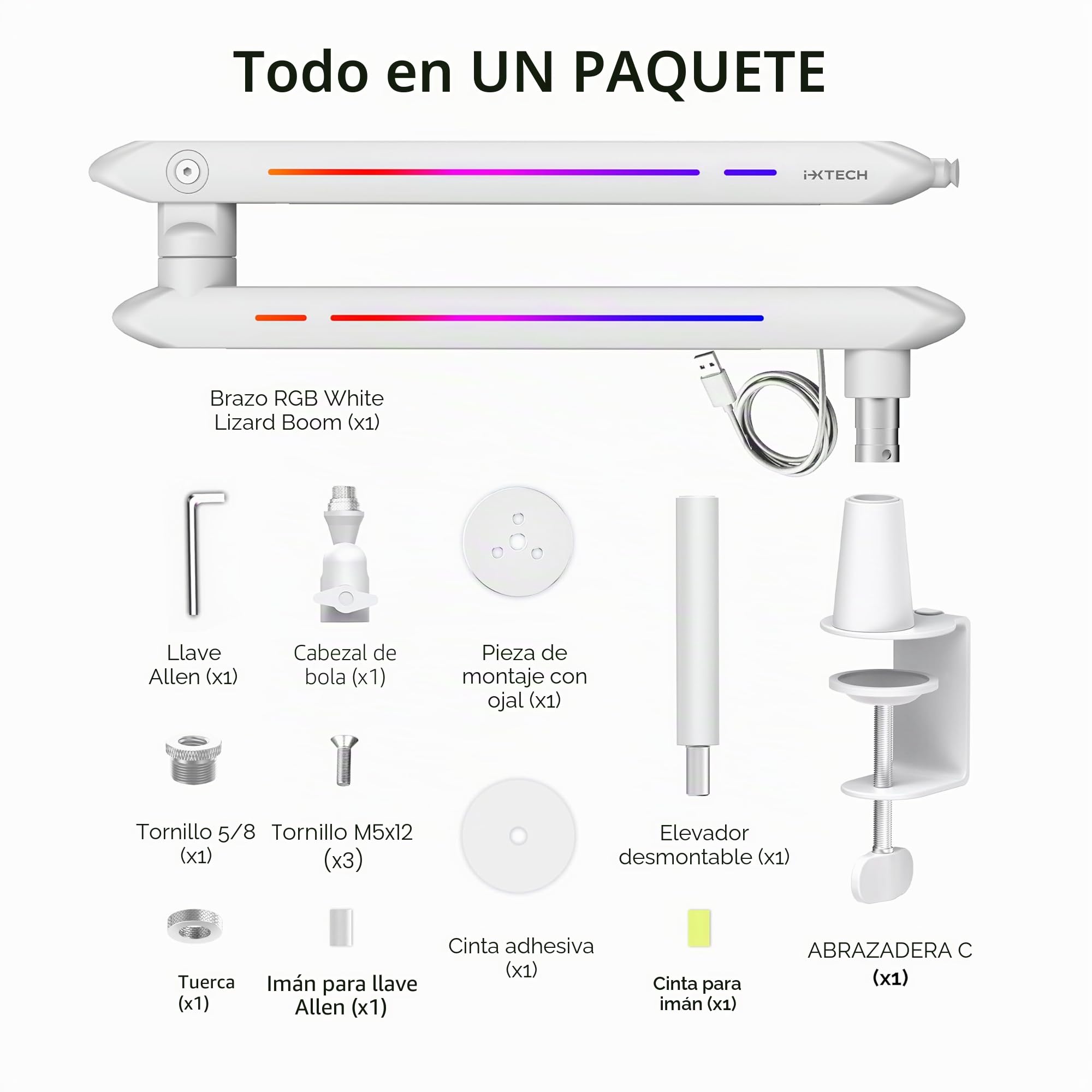 IXTECH Brazo de brazo RGB de perfil bajo para micrófono, soporte de brazo de micrófono ajustable con abrazadera de montaje en escritorio, soporte giratorio para micrófono con gestión de cables para