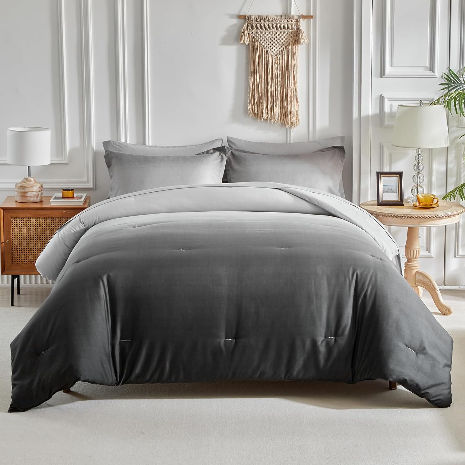 (Similar)Black and Grey Gradient Comforter Set Queen Size 7 Pieces Elegant Ombre Bed in a Bag - Reversible All Season Bedding Set with Comforter, Flat Sheet, Fitted Sheet, 2 Pillowcases & 2 Pillow Shams Grey Queen