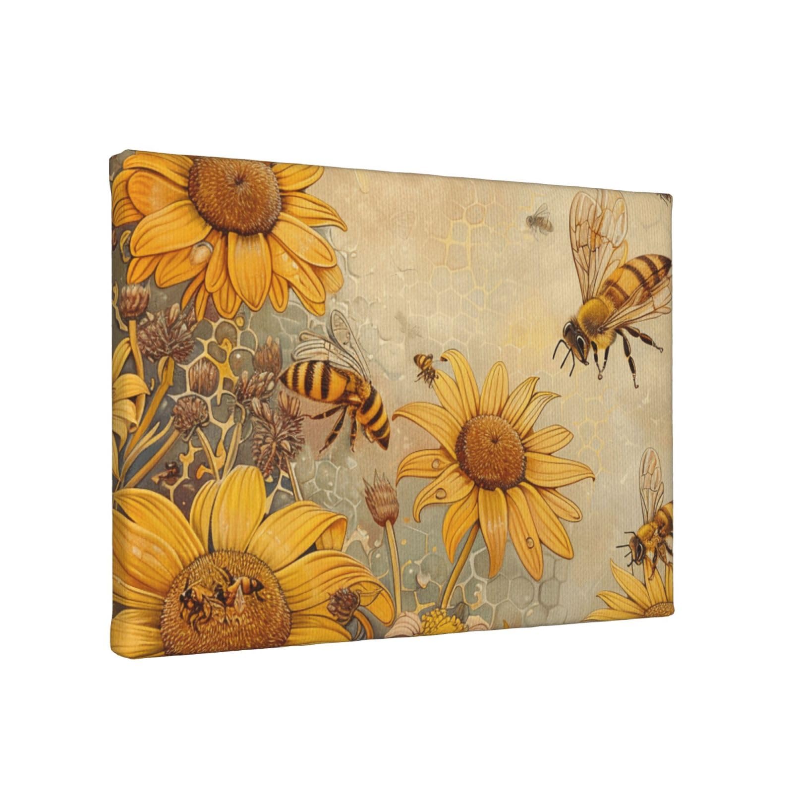 YKLJG Rural Honey Bees flowers Printed Wall Art Canvas Painting 30x20 CM Wooden Framed Picture Painting Artwork Prints for Bedroom Kitchen Home Office Decor