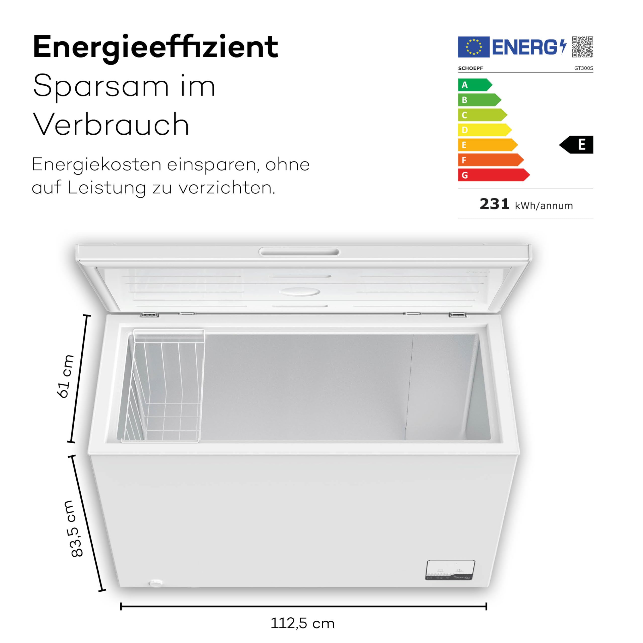 SCHOEPF GT300S Gefriertruhe 299 L Weiß 83,5 x 112,5 x 61 cm Energieklasse E Schnellgefrieren 41 dB 231 kWh/Jahr 4-Sterne-Kennzeichnung Freistehend