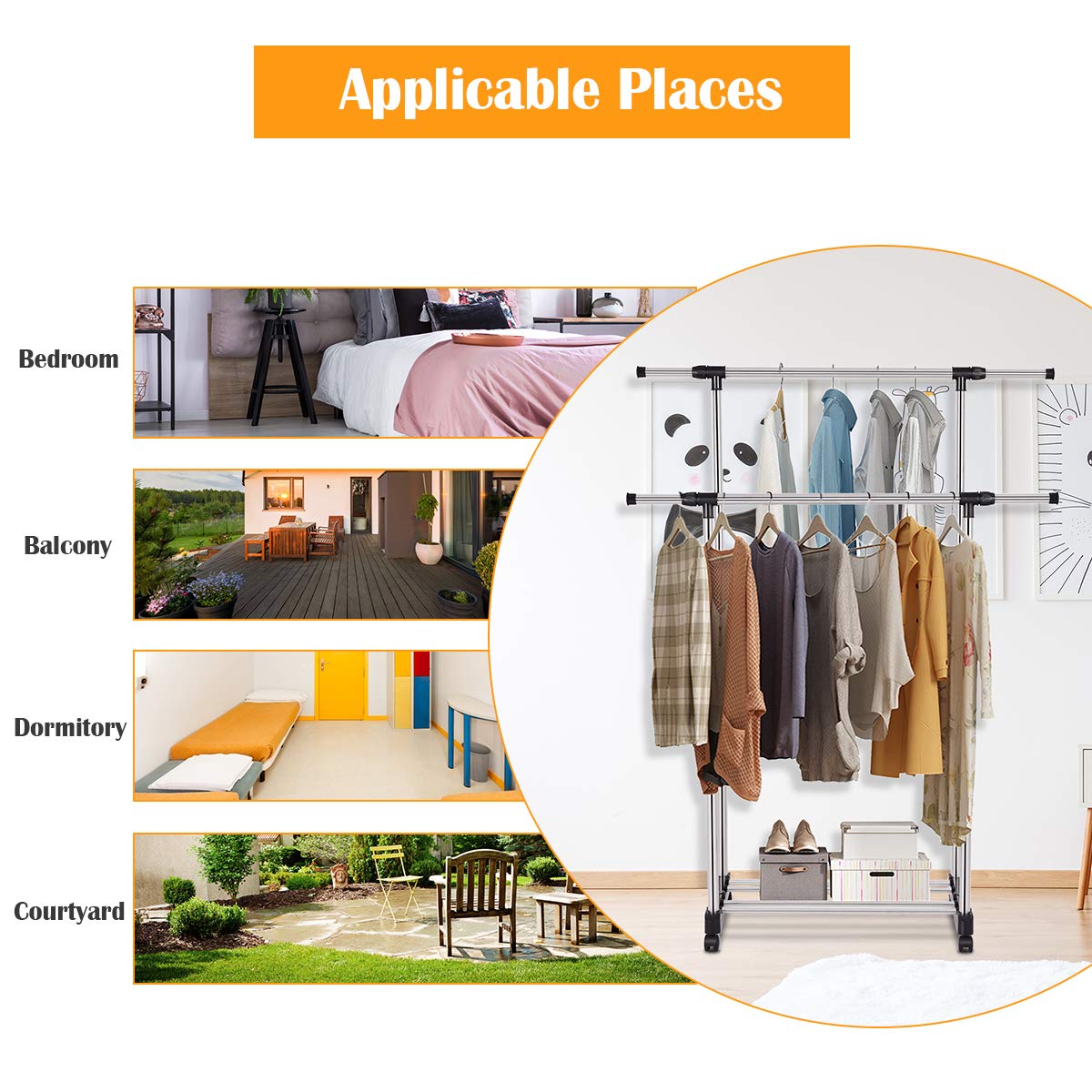 Tangkula Rolling Garment Rack, Double Rail Heavy Duty Height Adjustable