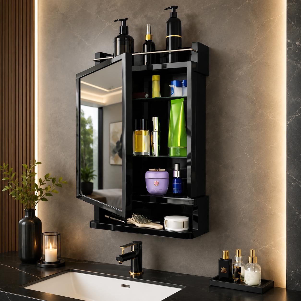NEVEX Plastic Premium Multipurpose Wall Mounted Storage Cabinet with Mirror – Space-Saving Bathroom & Bedroom Organizer, Sleek Modern Design (Black)-picture-10