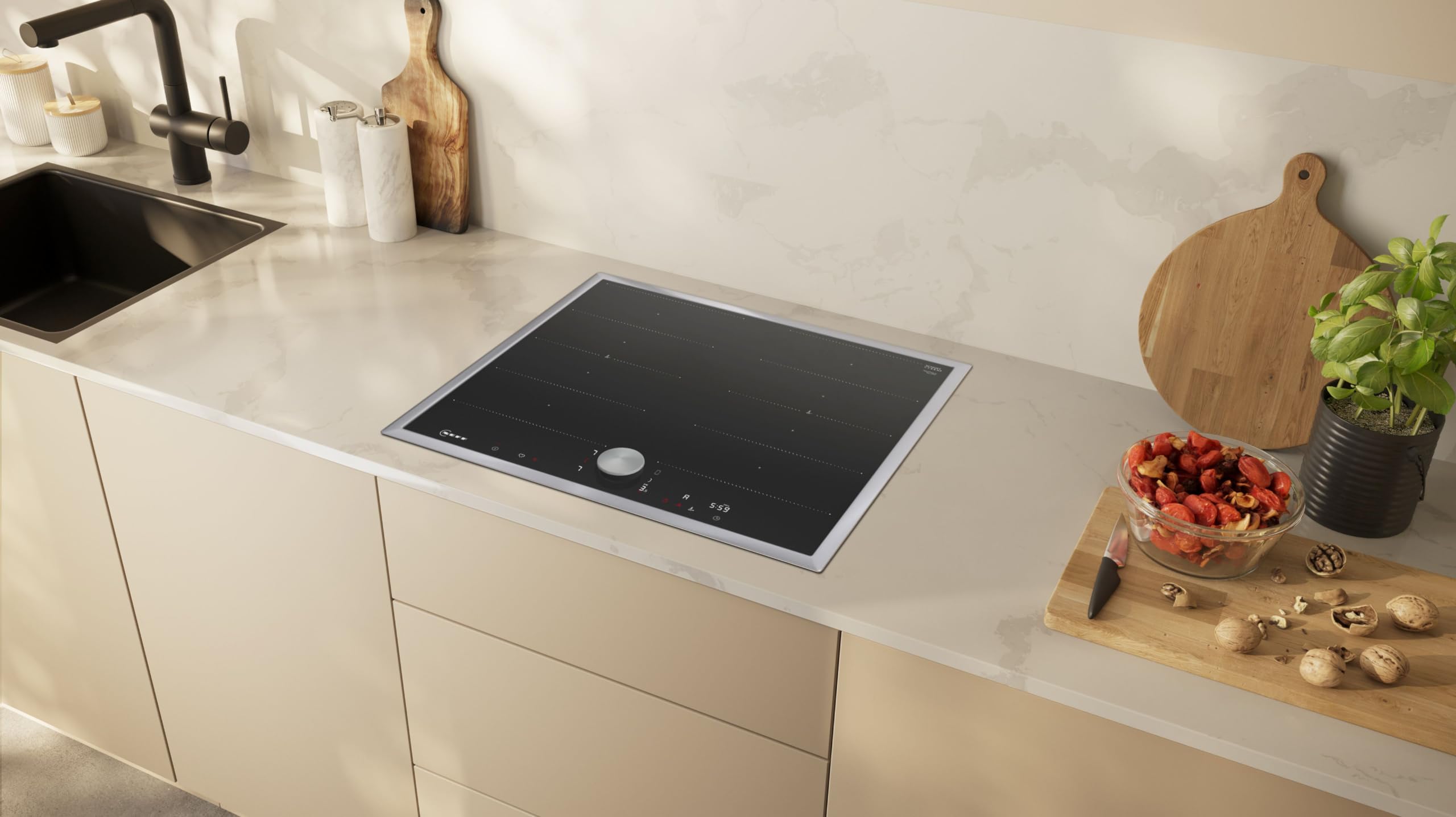NEFF T66STX4L0 - Piano cottura a induzione N90, piano cottura autosufficiente in vetroceramica, larghezza 60 cm, Twist Pad, Flex Induction, Home Connect, Smart Hood Automatic, sospeso, nero