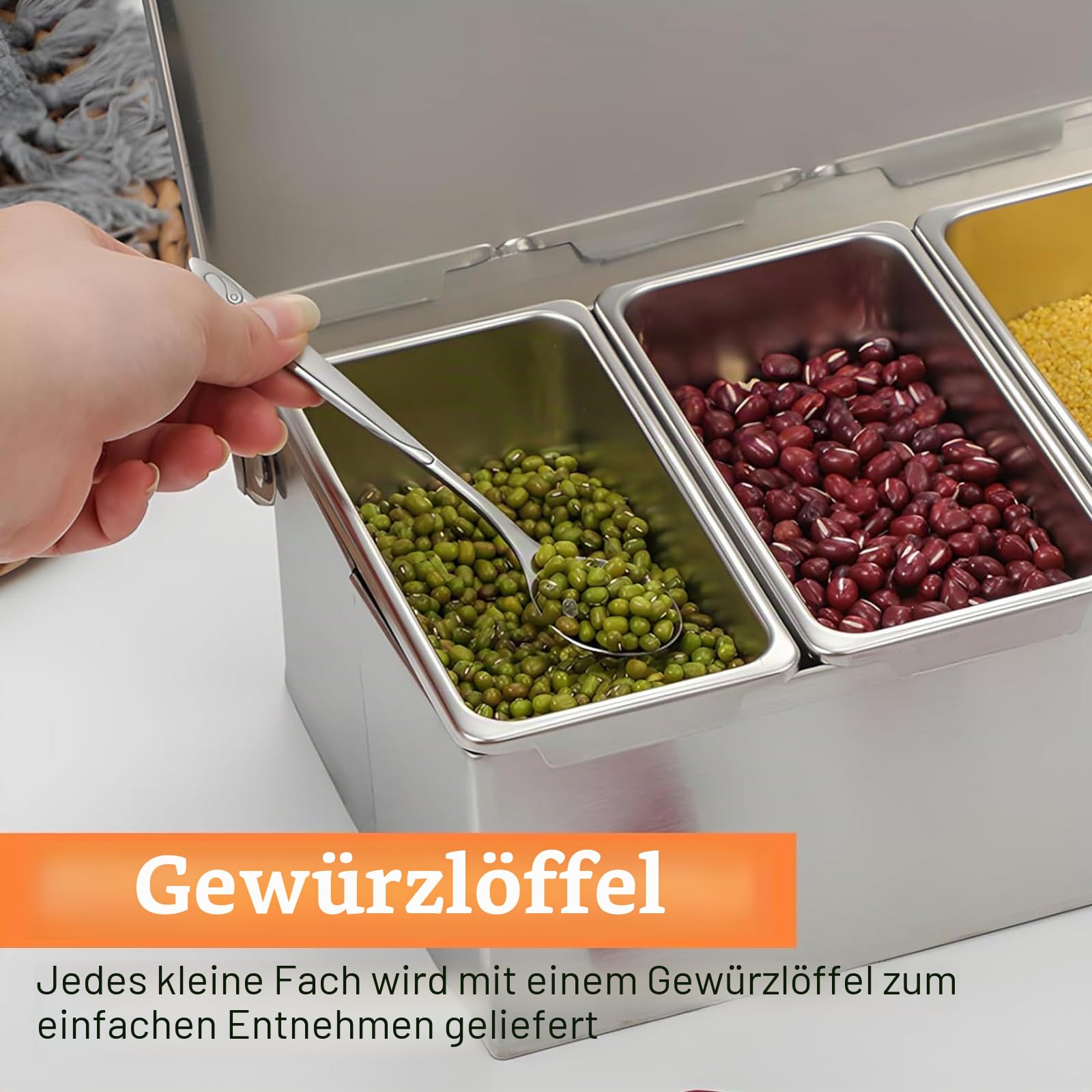 Zutatenbehälter Edelstahl, Pizza Zutatenbehälter, Gekühlter Gewürzbehälter mit Deckel und Löffel, Gewürzbox Beilagenbehälter, 4 Gitterx450ml Edelstahl Behälter für Buffet Salatbar Gastro PizzaStation
