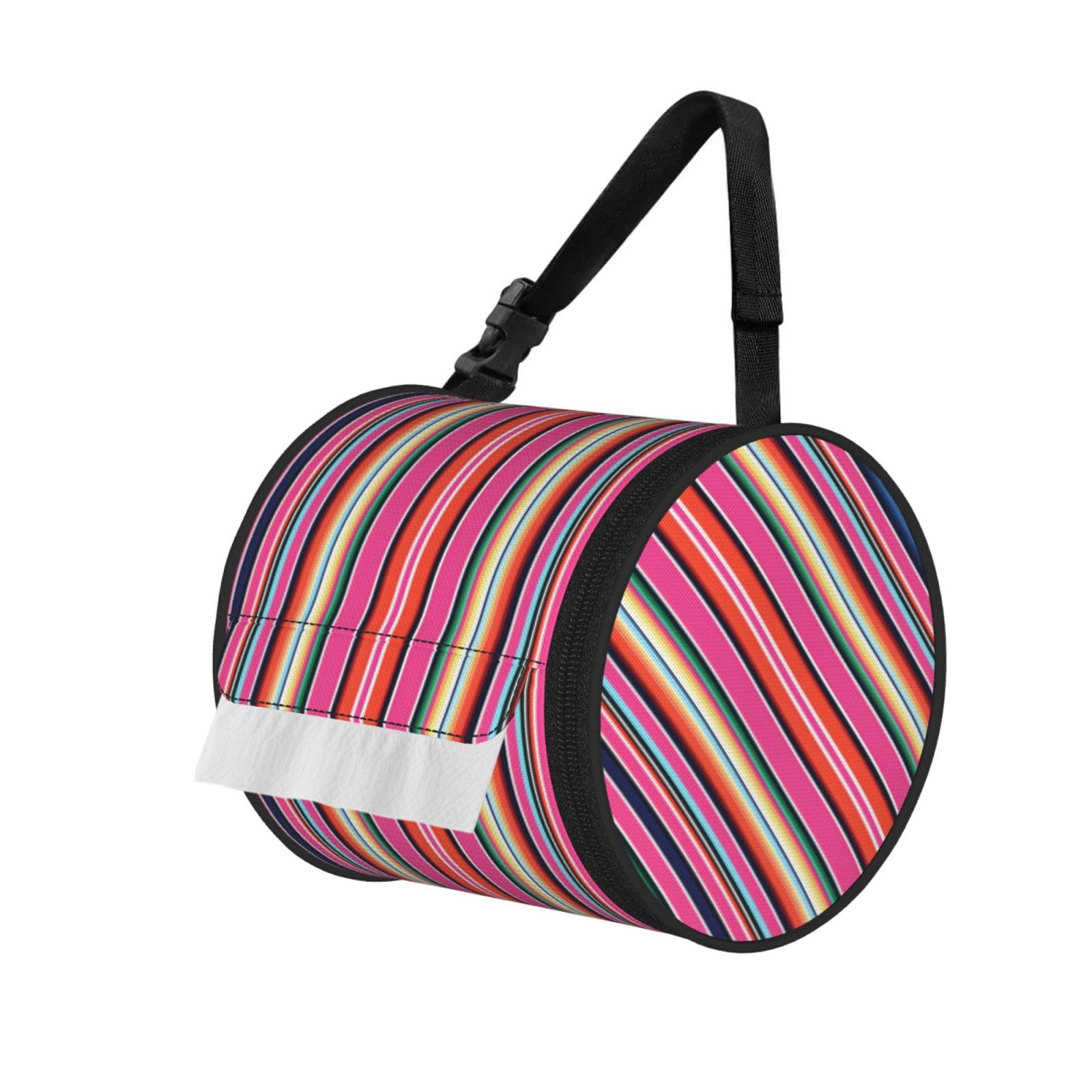 Mexican Stripes Print Round Tissue Dispenser Bag With Carry Strap, Portable Roll Holder For Car Travel Home