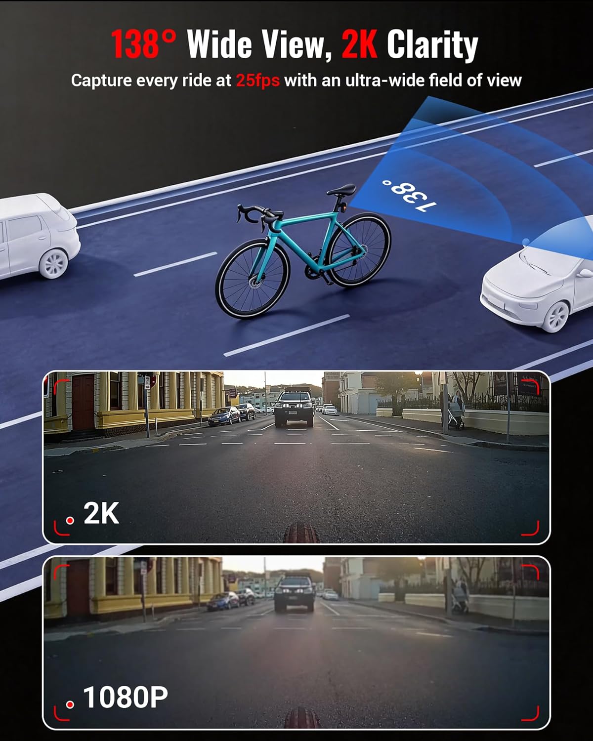 RAVEMEN NT301 Bike Camera with Tail Light, 138° Ultra-Wide 2K | Smart Accident Detection | 130H | Auto On and Off | Brake Sensor | Seatposts and Saddle Mounted | 5 Modes | 16GB Card/Tether Included