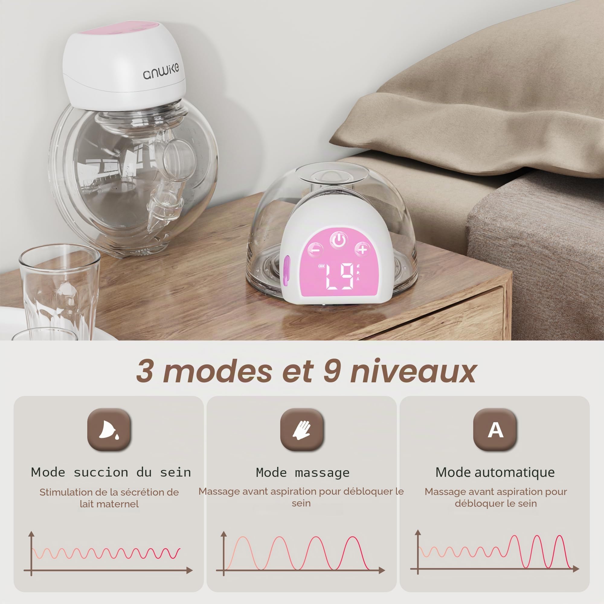 ANWIKE Tire-lait électrique 193 g - Tire-lait mains libres ultra léger avec écran LED, 3 modes 9 niveaux, silencieux < 40 dB, avec brides de 21/24 mm - Idéal pour la maison, la voiture, la pharmacie