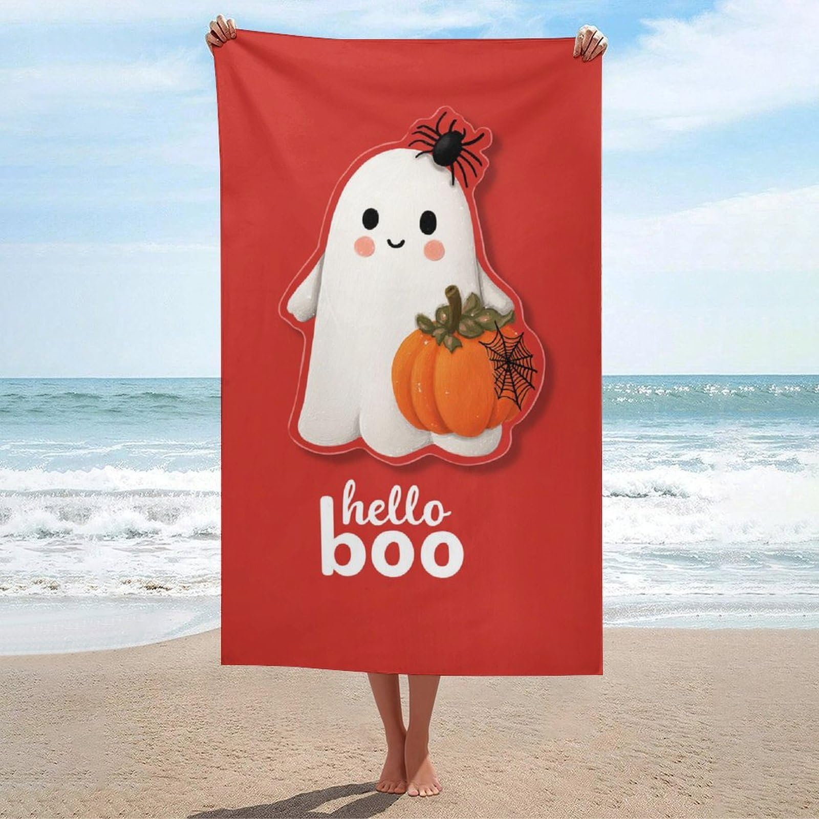 asbwuo Cute Ghost with A Pumpkin Saying Hello Boo Beach Towel