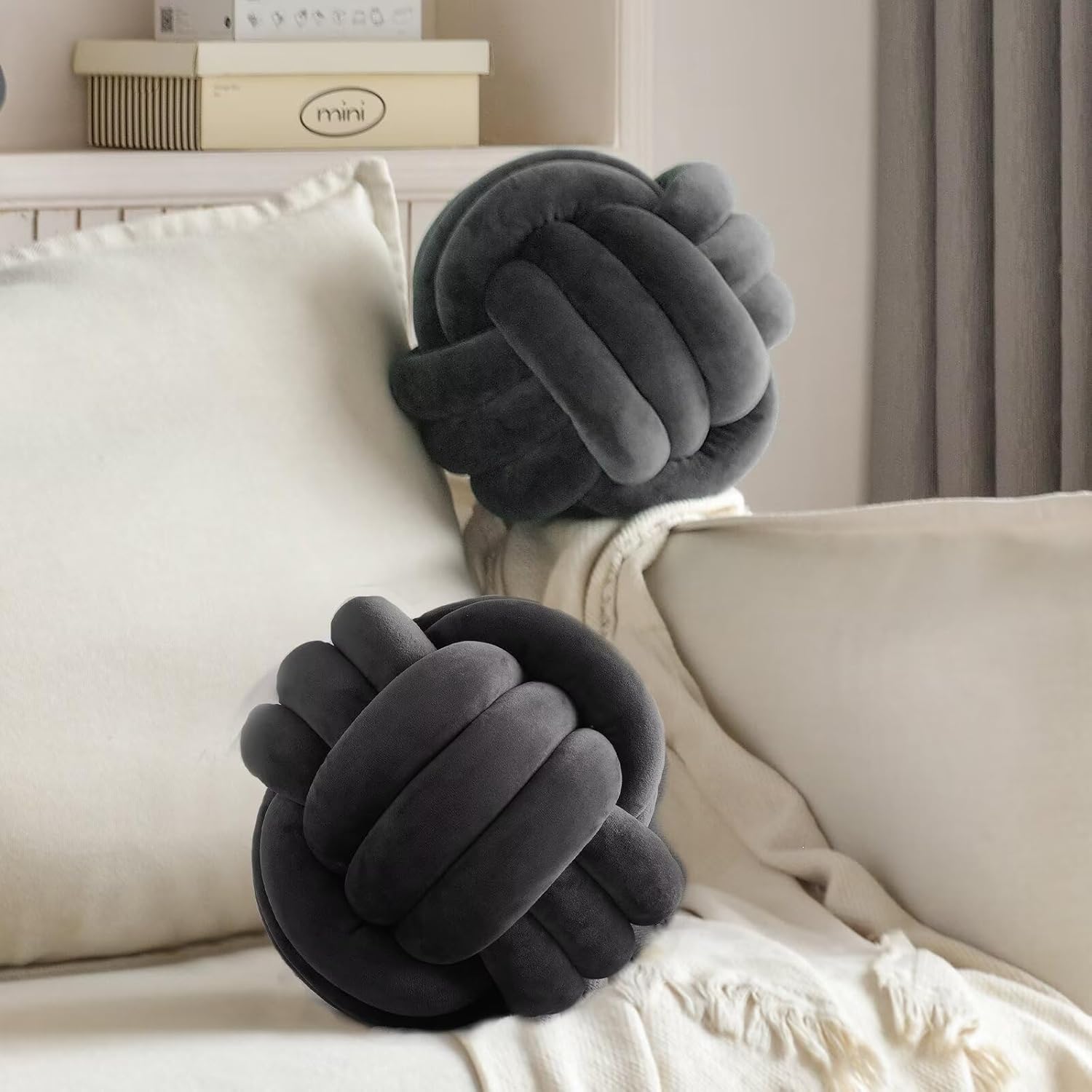 Knot Pillow Ball Set of 2, 11 Inches Round Throw Pillow Black Decorative Knotted Pillows, Aesthetic Plush Pillow Cushion for Home Office