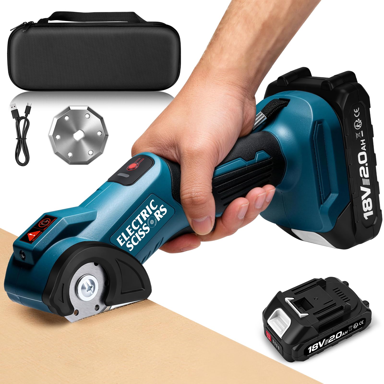 Kartonschneider Elektrische Schere mit 2000mAh Akku, Max. Schnittstärke 9 mm, 440 U/min Kabellose Rollschneider Teppichschneider mit LED-Licht & USB-C Kabel, Akkuschere Kompatibel mit Makita 18V Akku