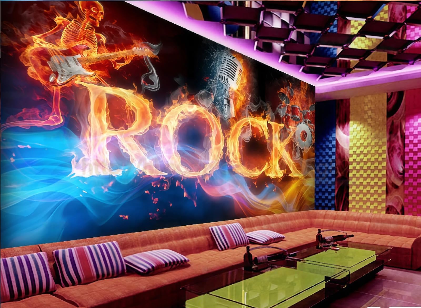 Rskjdghshd 3D Wallpaper Fashion Trend Rock Flame Personality Music Theme Bar Western Restaurant Background Wall Mural Afternoon Tea Coffee Shop Wallpaper,,200X140cm