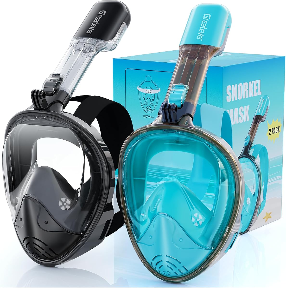 Greatever Máscara de snorkel de cara completa, equipo de snorkel para adultos y jóvenes | Visión de 180°, antivaho, antifugas, sistema de respiración Dry Top y soporte de cámara desmontable, juego de snorkel plegable para la familia