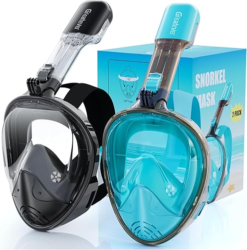 Miniatura 14 de Greatever Máscara de esnórquel de cara completa, equipo de esnórquel para adultos con el último sistema de respiración seca y soporte de cámara Azul