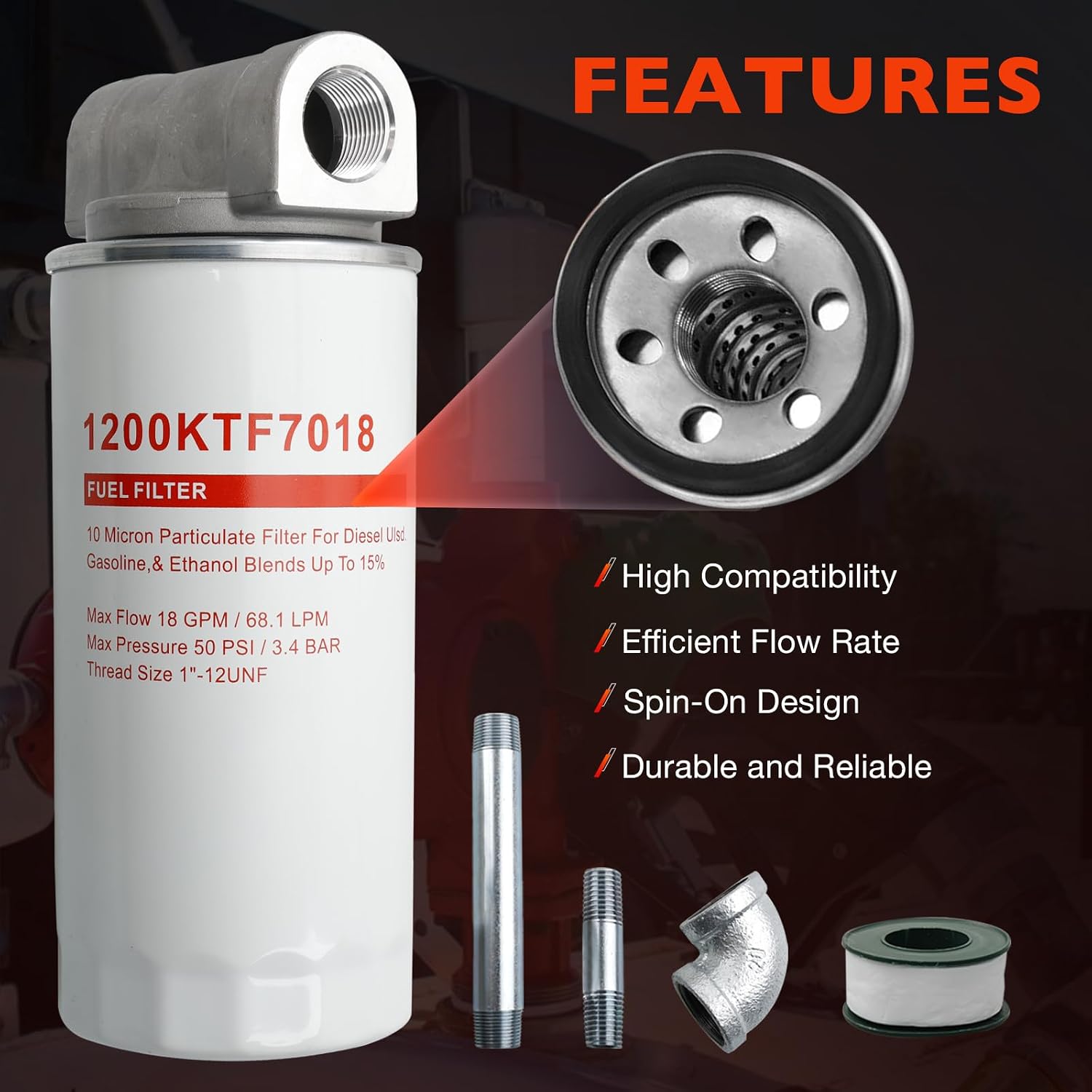 1200KTF7018 Fuel Filter Spin-On Particulate Replacement for Transfer Pumps FR112 FR1210G FR610G,18 GPM Flow Rate,50 PSI- Includes 1200KTG9075 Filter Head, 3/4" ST Elbow, and 3/4" x 7" Nipple