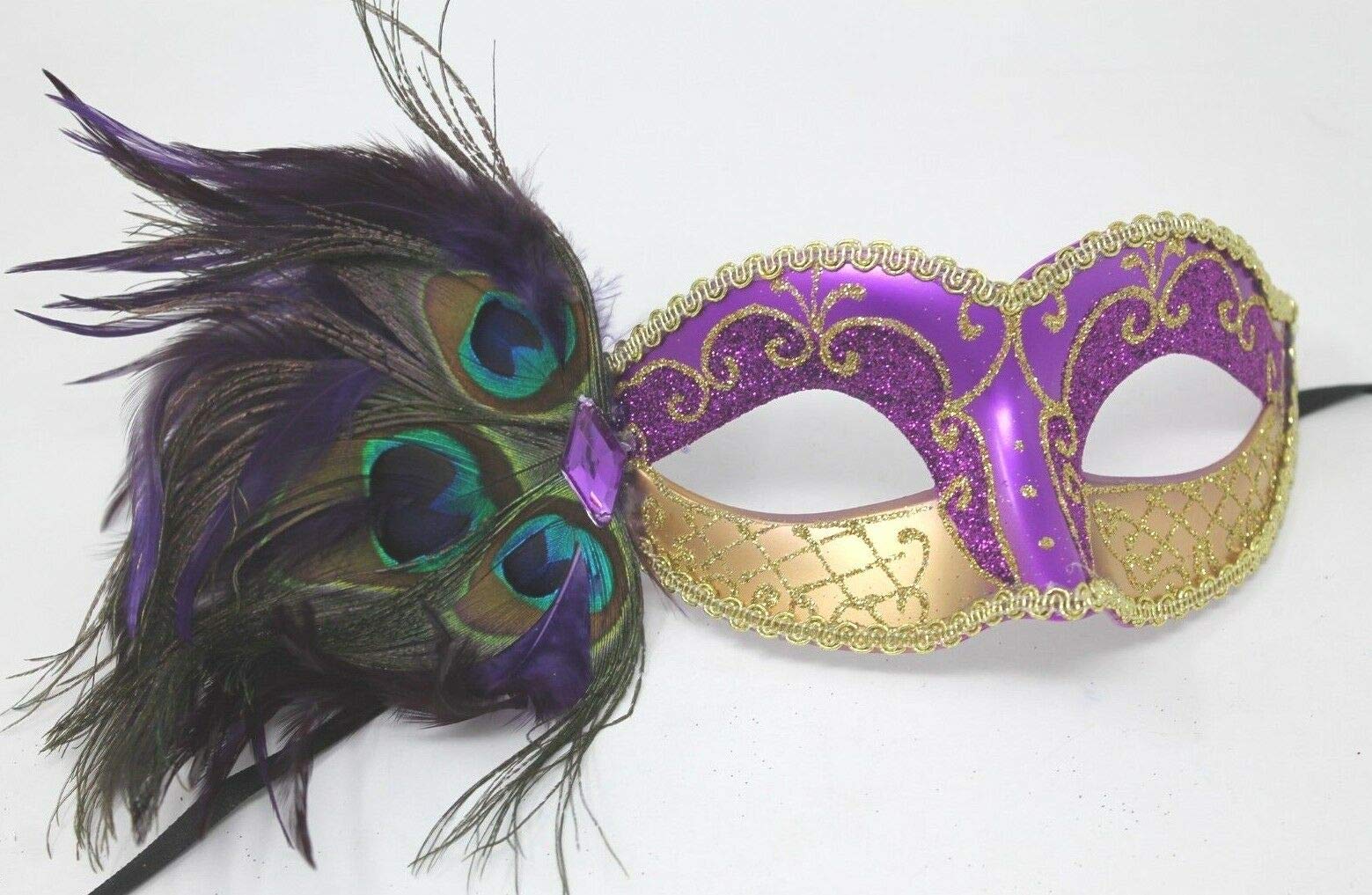 Mask & Co LADIES SPARKLING PURPLE & GOLD VENETIAN MASQUERADE CARNIVAL PARTY EYE WITH PEACOCK FEATHERS, Purple Gold, 7cm Deep