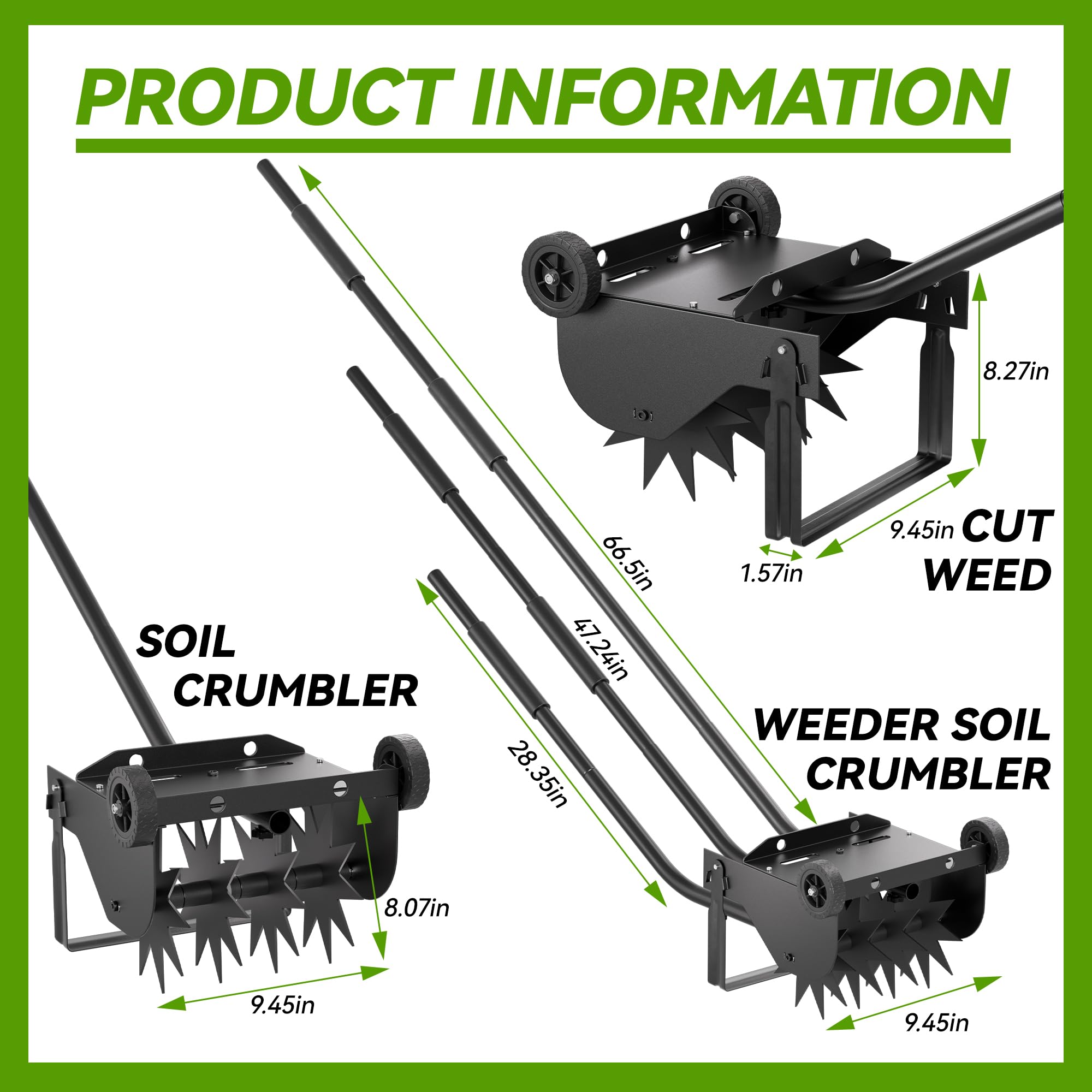 Rotary Cultivator Tool, 2-in-1 Garten Unkrautjäter und Crumbler Bodenfräse für Gartenarbeit, Hand Gartenfräse mit 66,5 Zoll verstellbarem Schaumstoffgriff