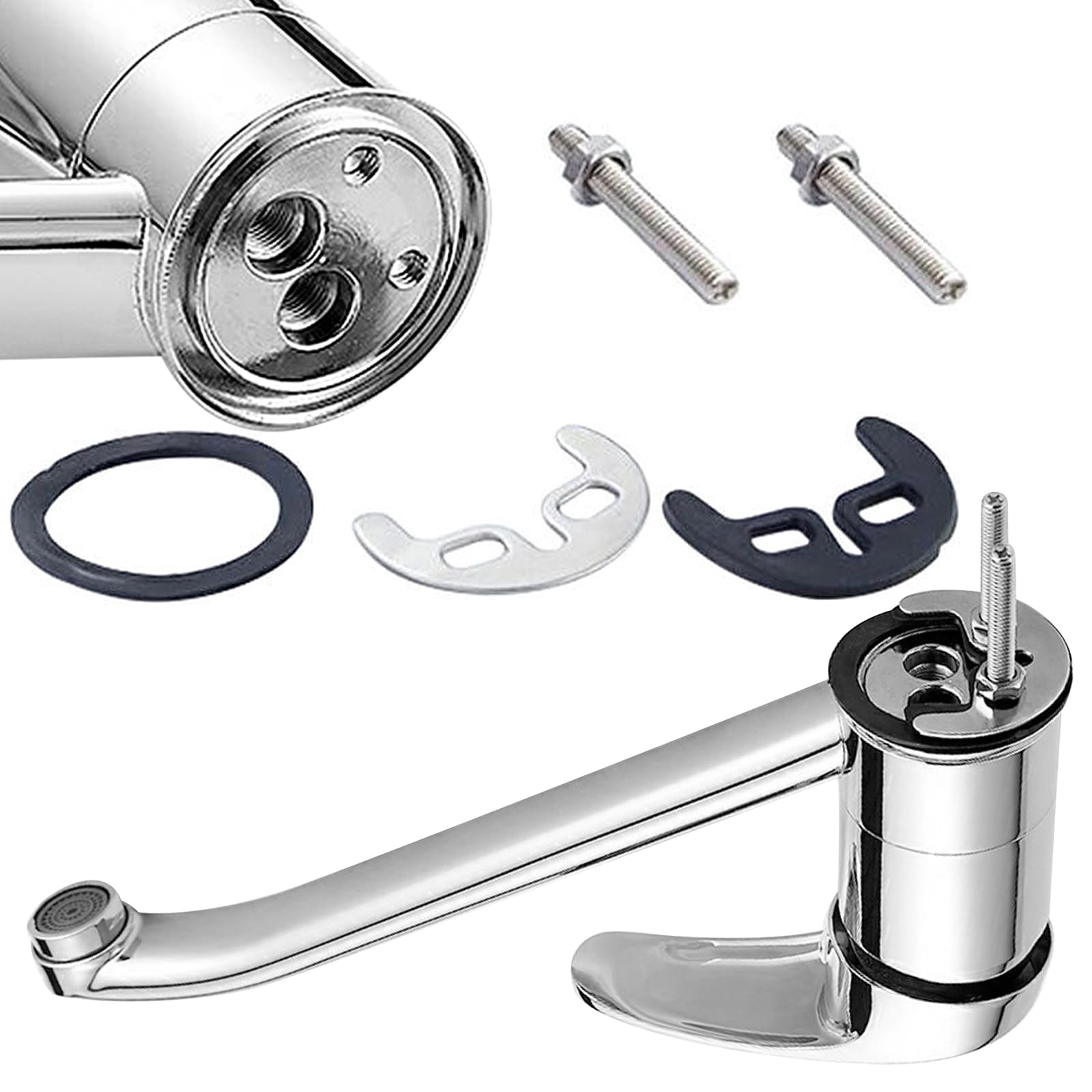 Mitigeur d'évier de cuisine et 2 tuyaux de 60 cm, robinet de caravane, levier supérieur monobloc avec long bec pivotant, robinet traditionnel chromé